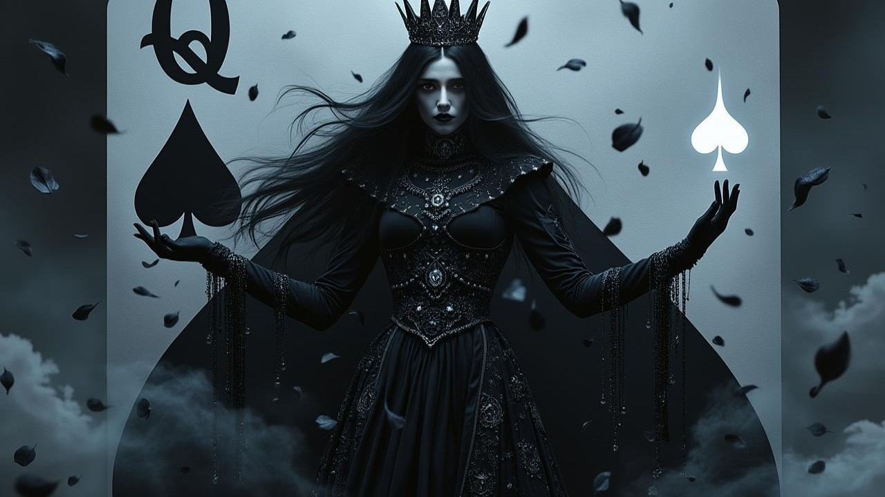 Regal figure in black gown with ace of spades card