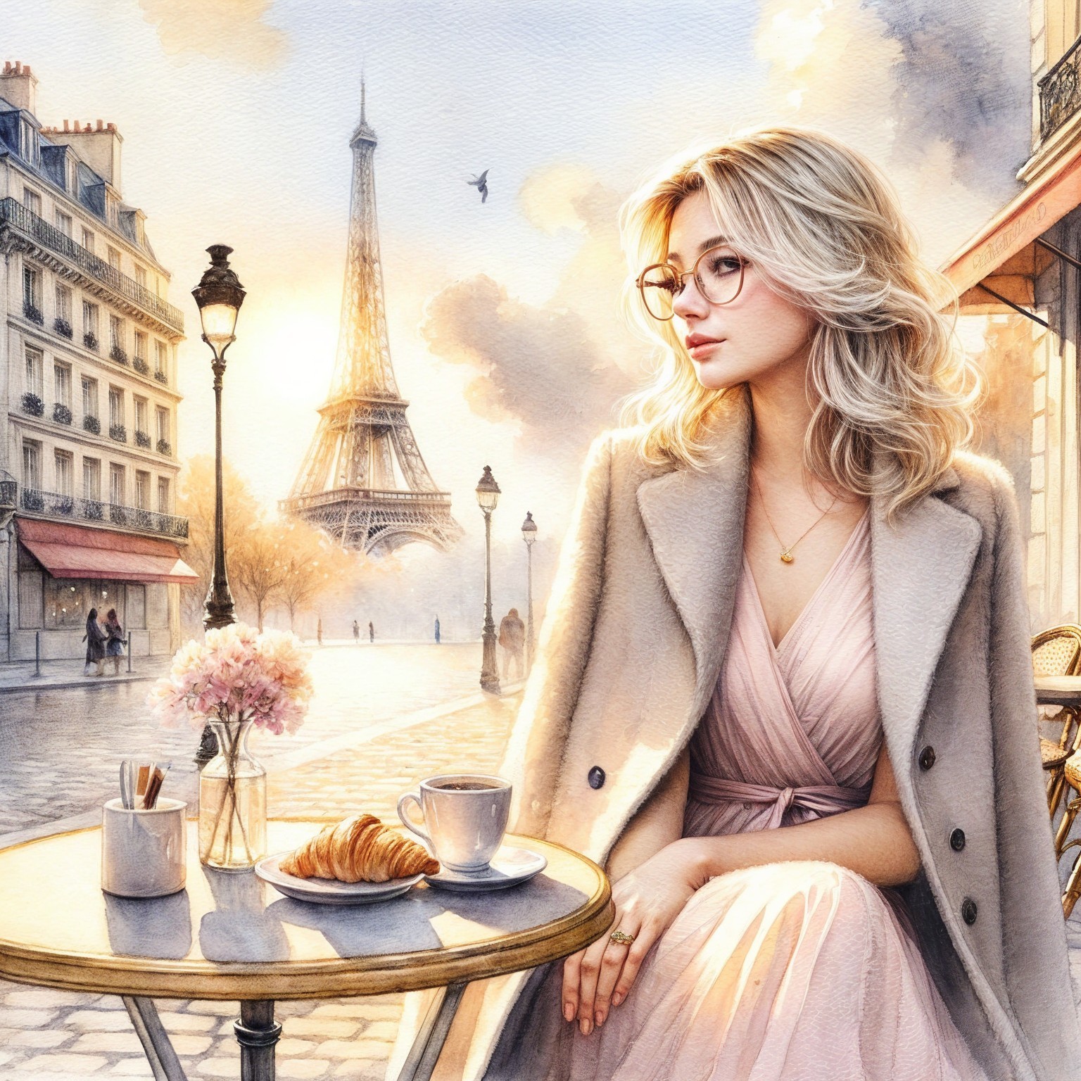 Serene Parisian café scene at dawn with Eiffel Tower