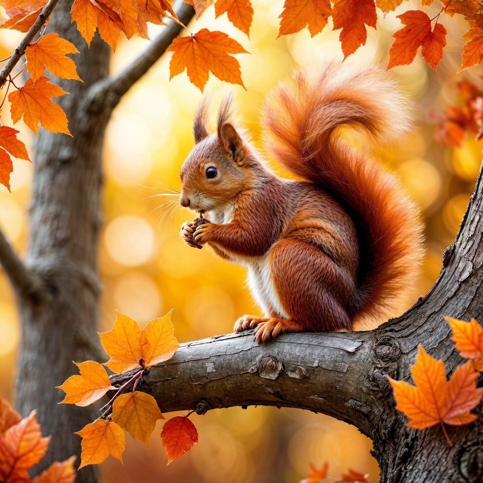 Squirrel on Branch Surrounded by Autumn Leaves