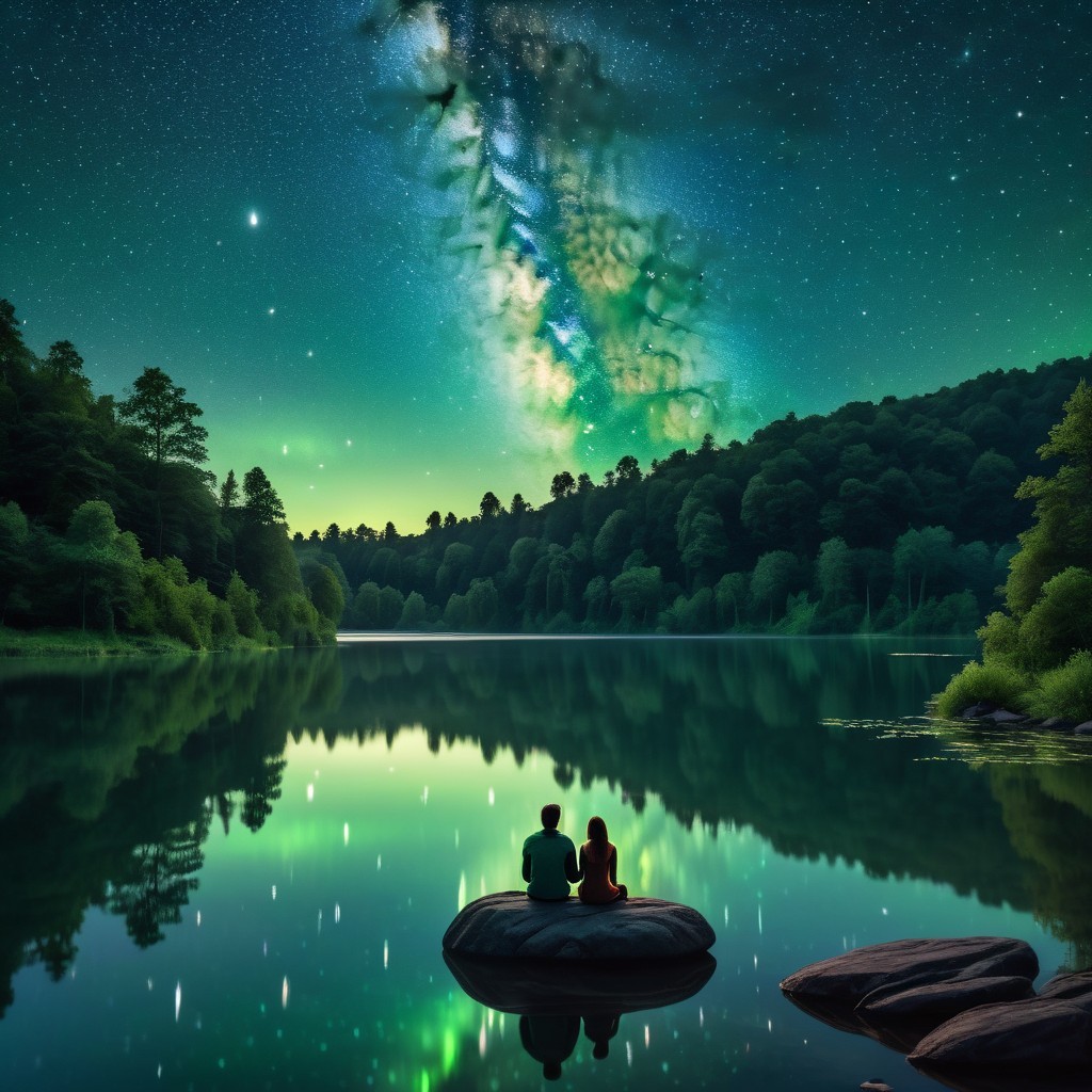 Figures by a tranquil lake under a starry sky
