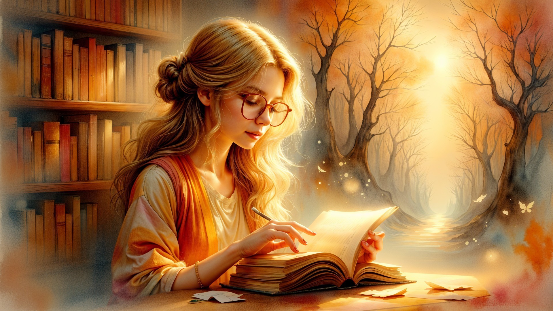 Young woman writing in a cozy library setting
