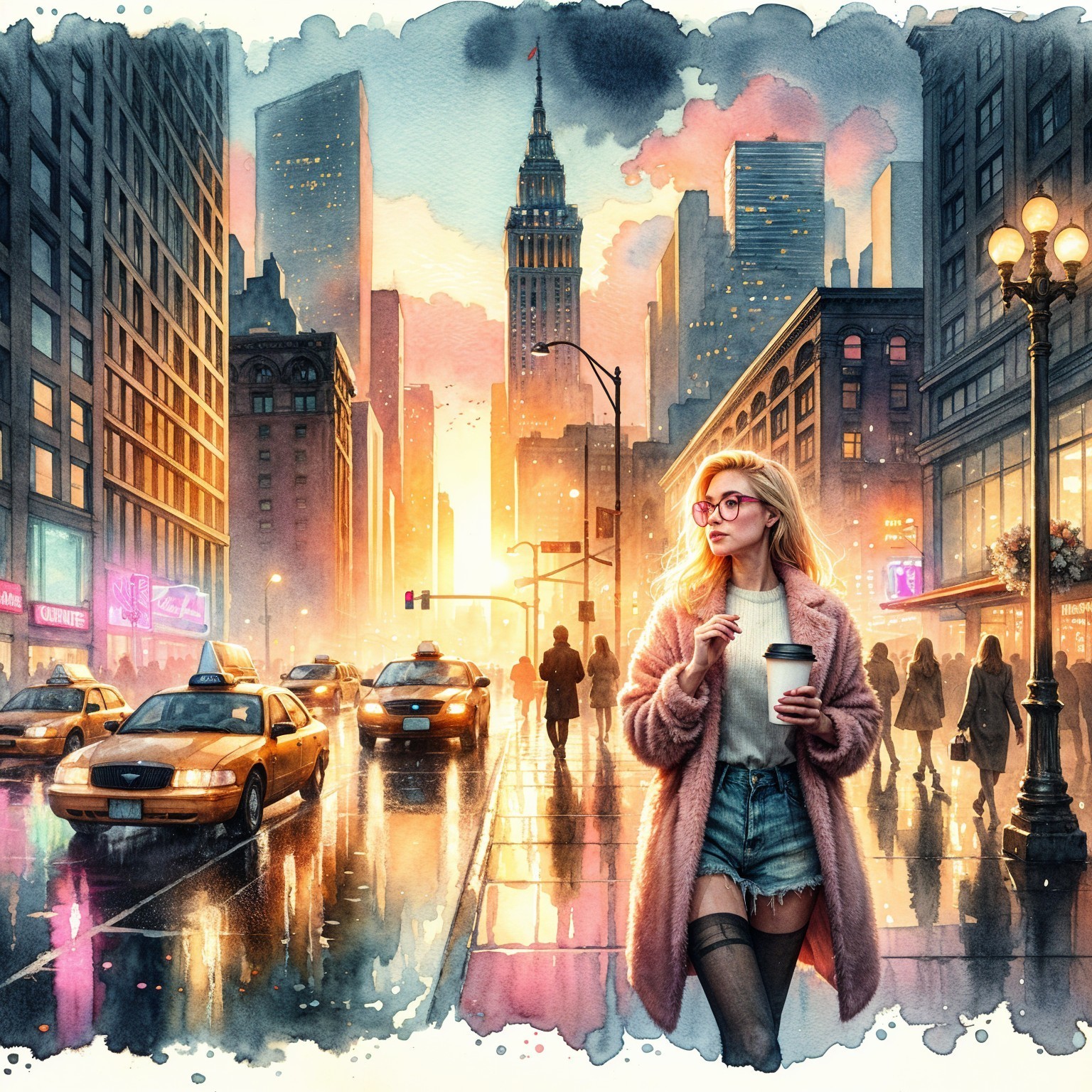 Stylish Woman in City Street at Dusk with Coffee