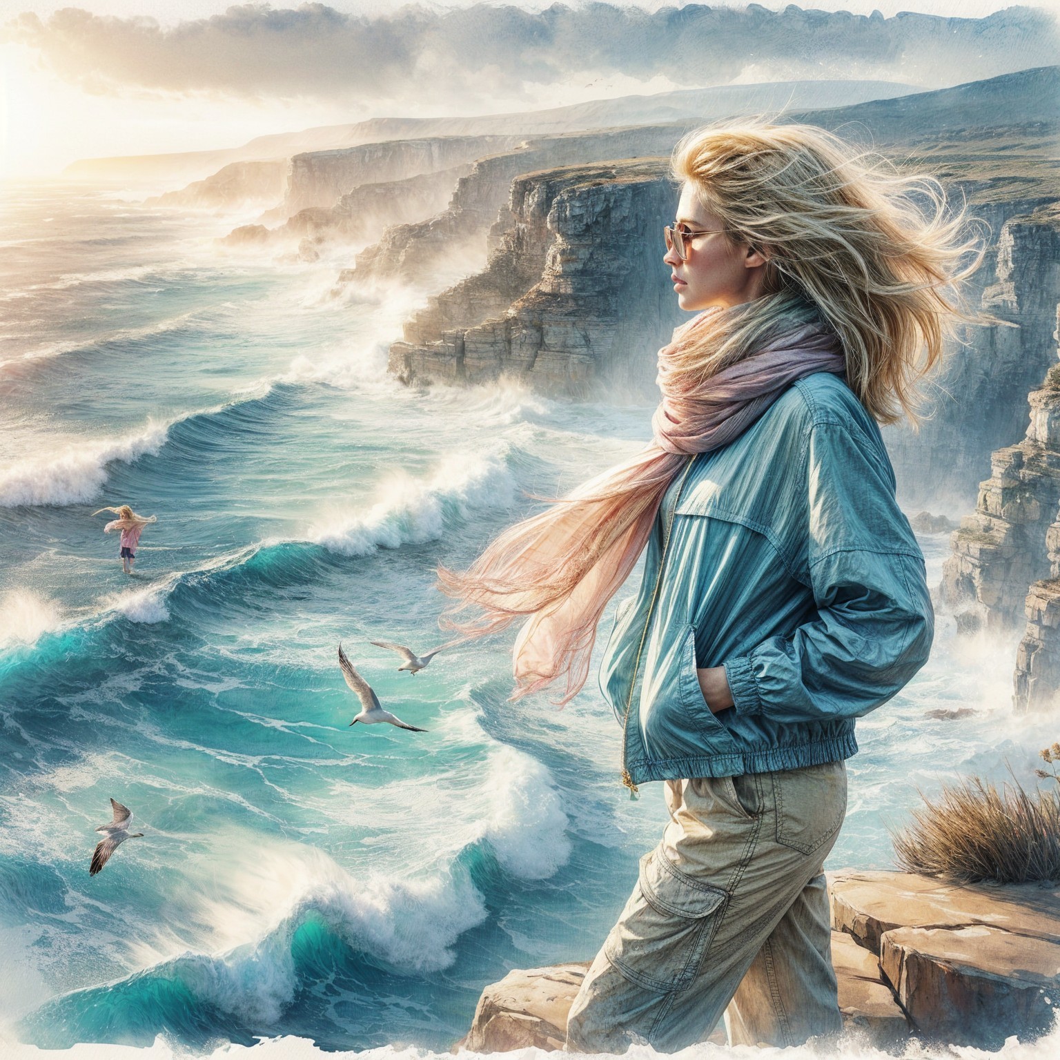 Woman on Cliff Overlooking Turbulent Ocean Waves