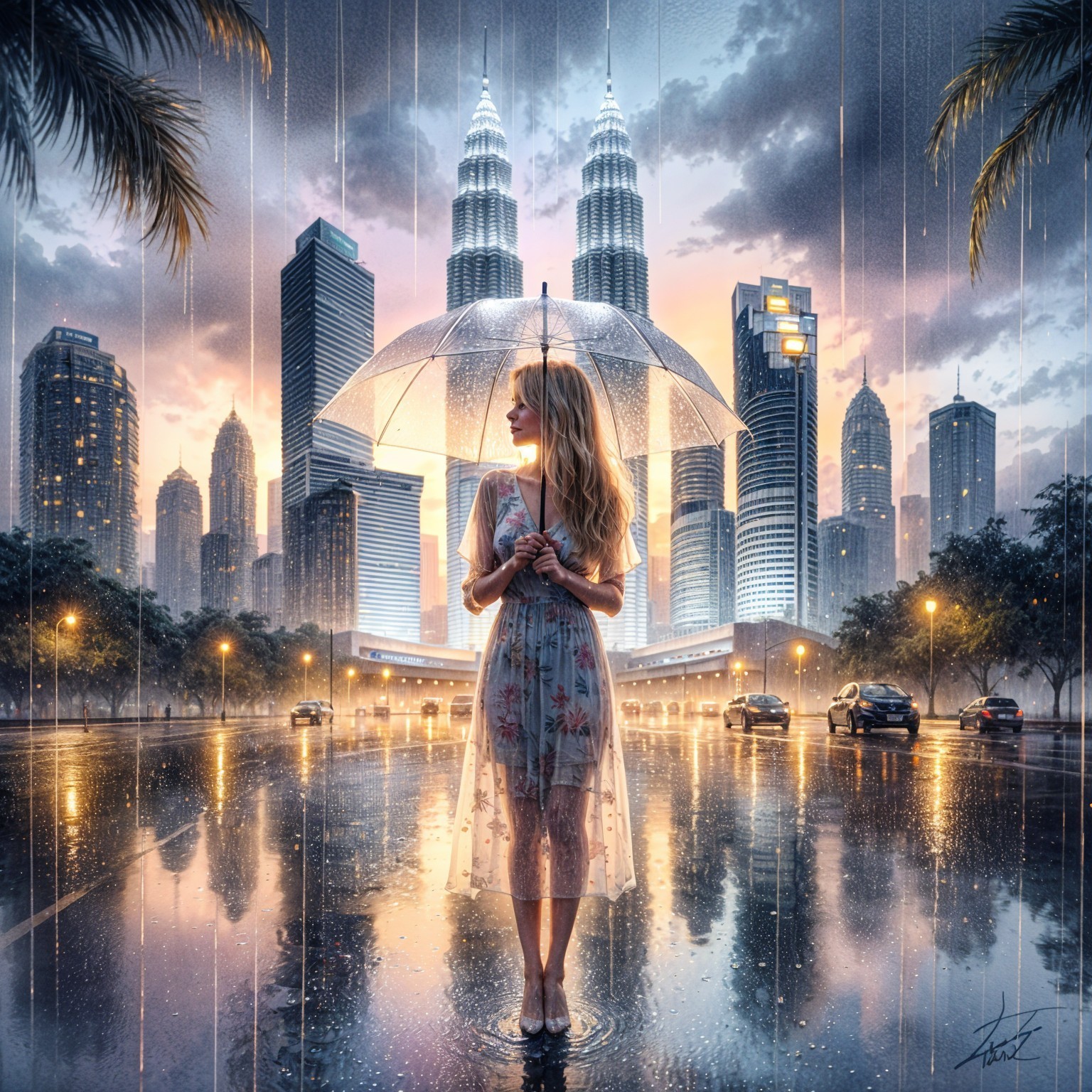 Young Woman with Umbrella in Rainy Cityscape