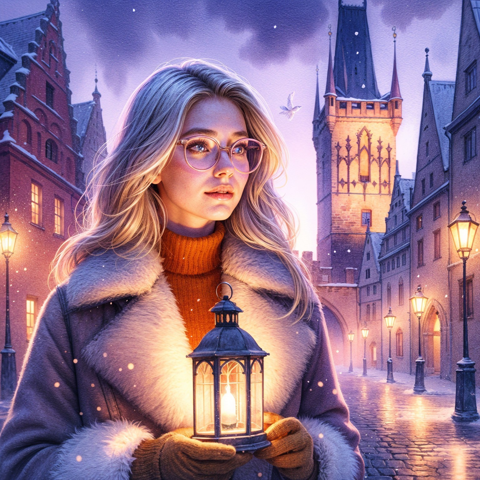 Young Woman in Snowy Medieval Street with Lantern