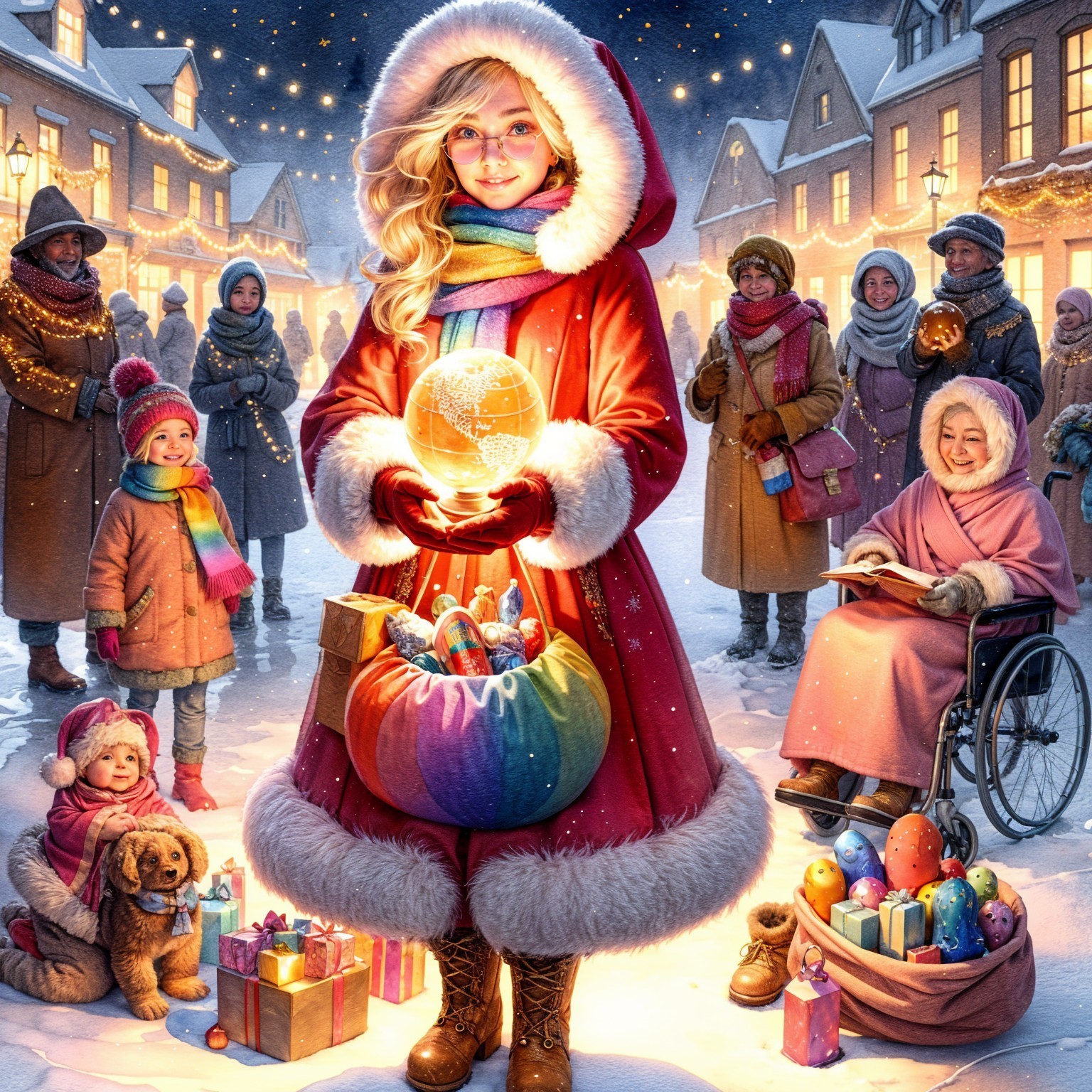 Cheerful Winter Scene with Festive Decorations and People