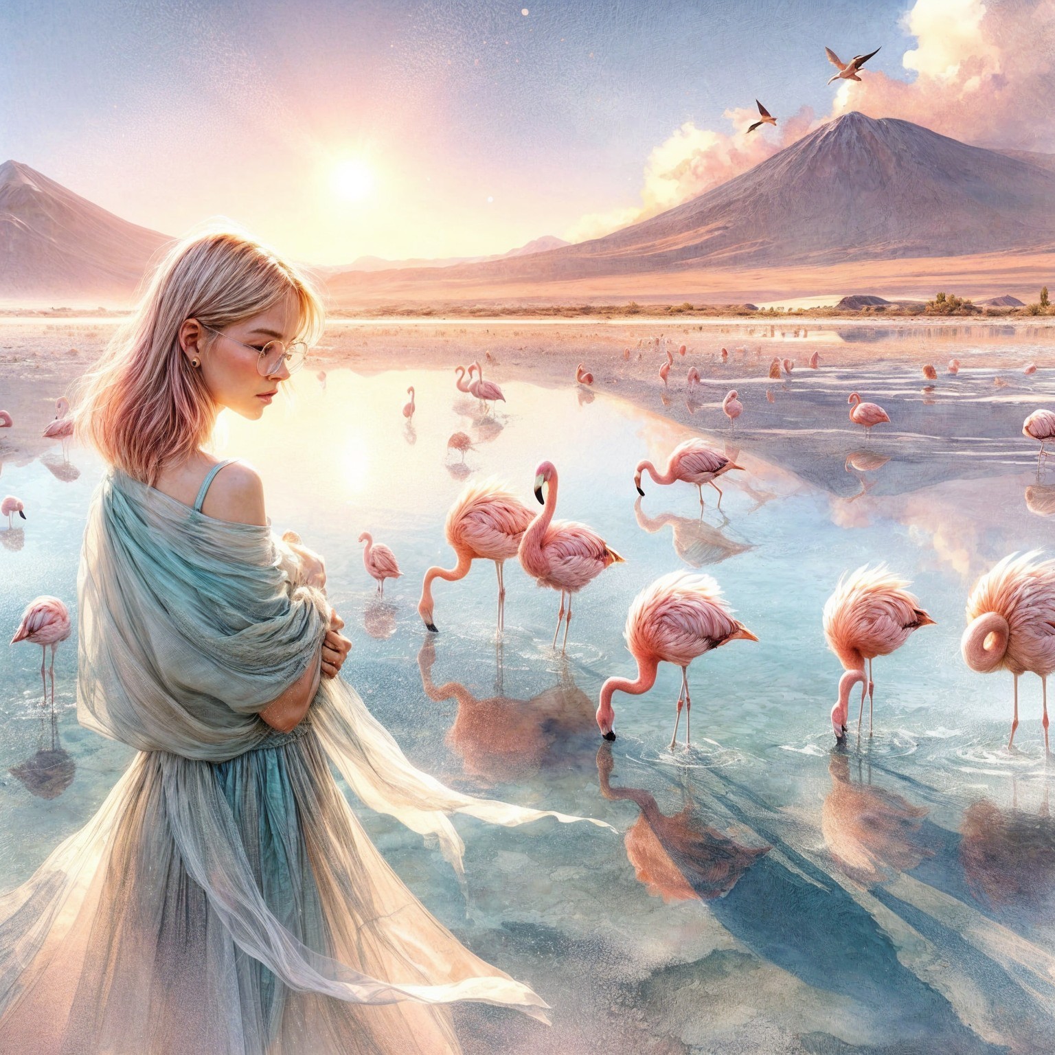 Young Woman by Lake with Flamingos at Sunset