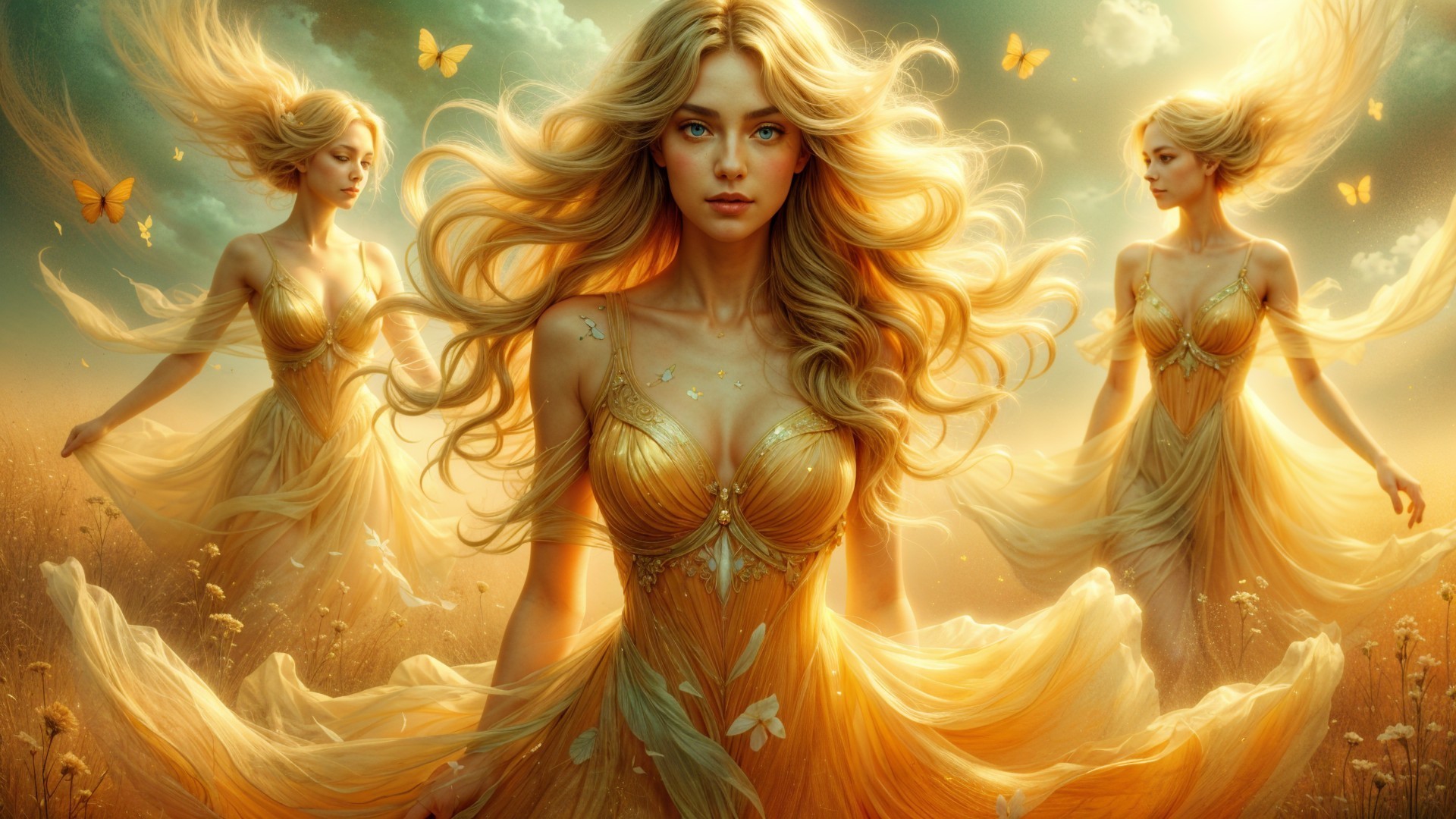 Radiant Female Figure in Sunlit Flower Field