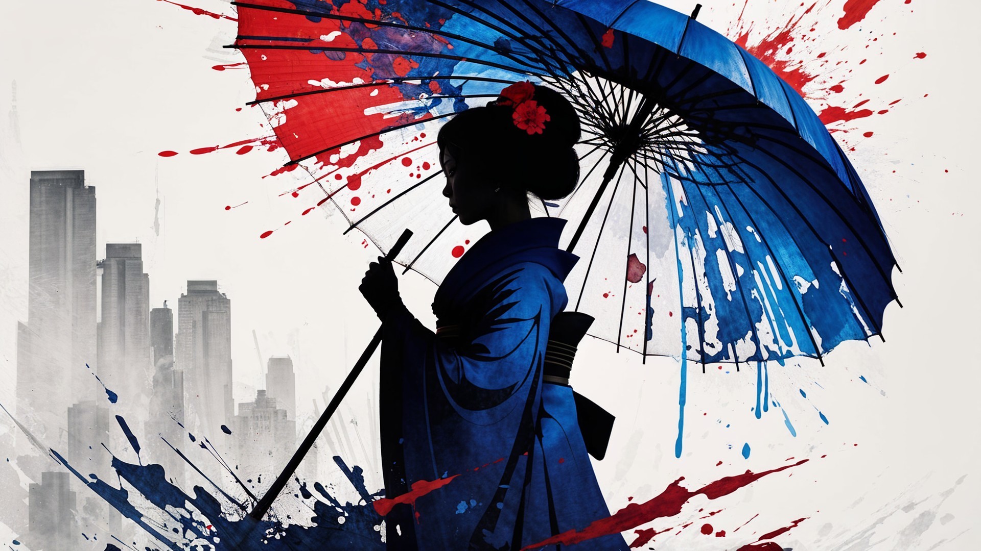 Silhouette of Woman in Traditional Attire with Umbrella