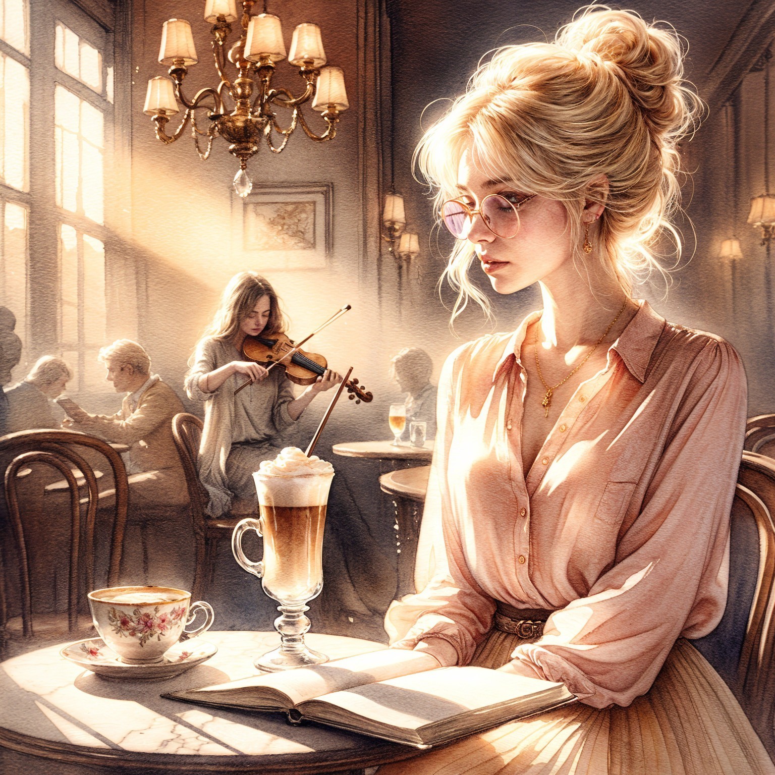 Cozy café scene with warm light and violinist