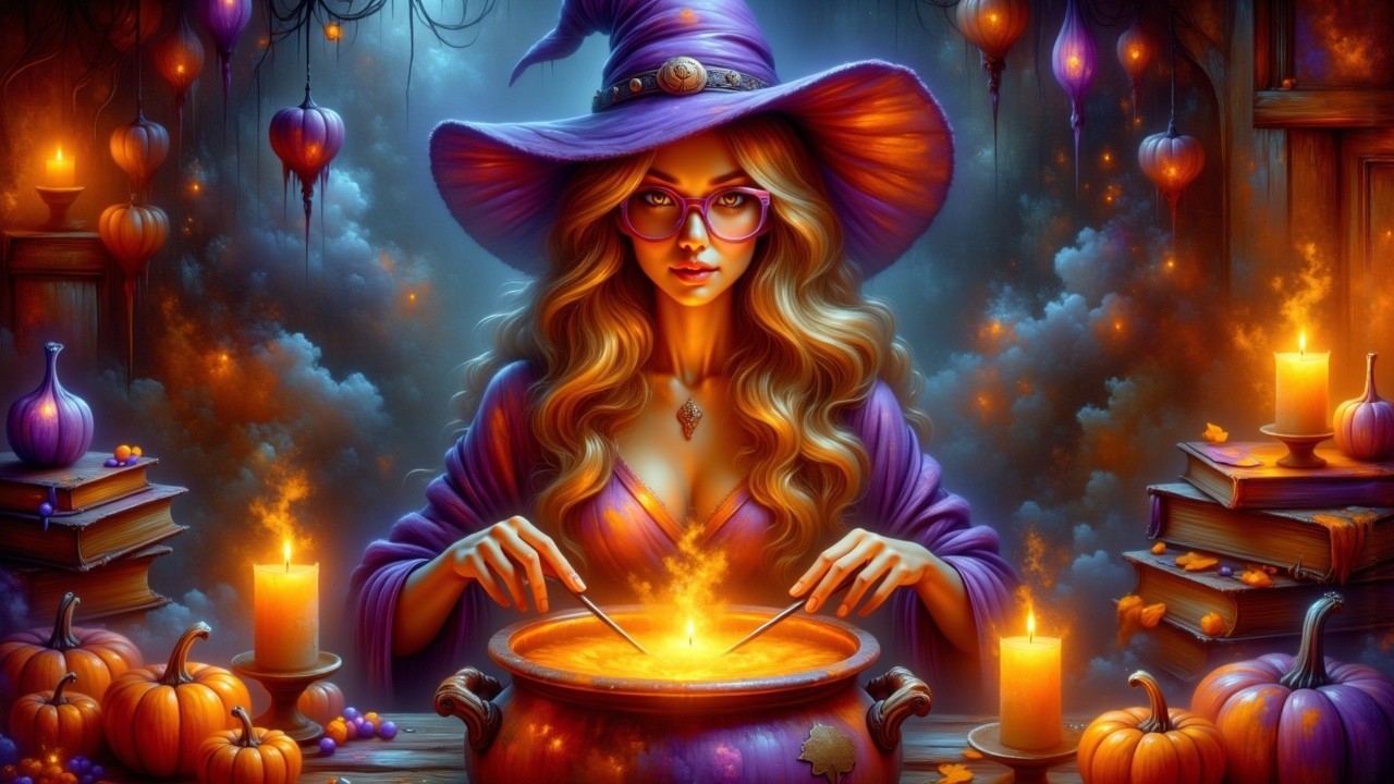 Witch in Purple Robe Stirring Cauldron in Mystical Scene