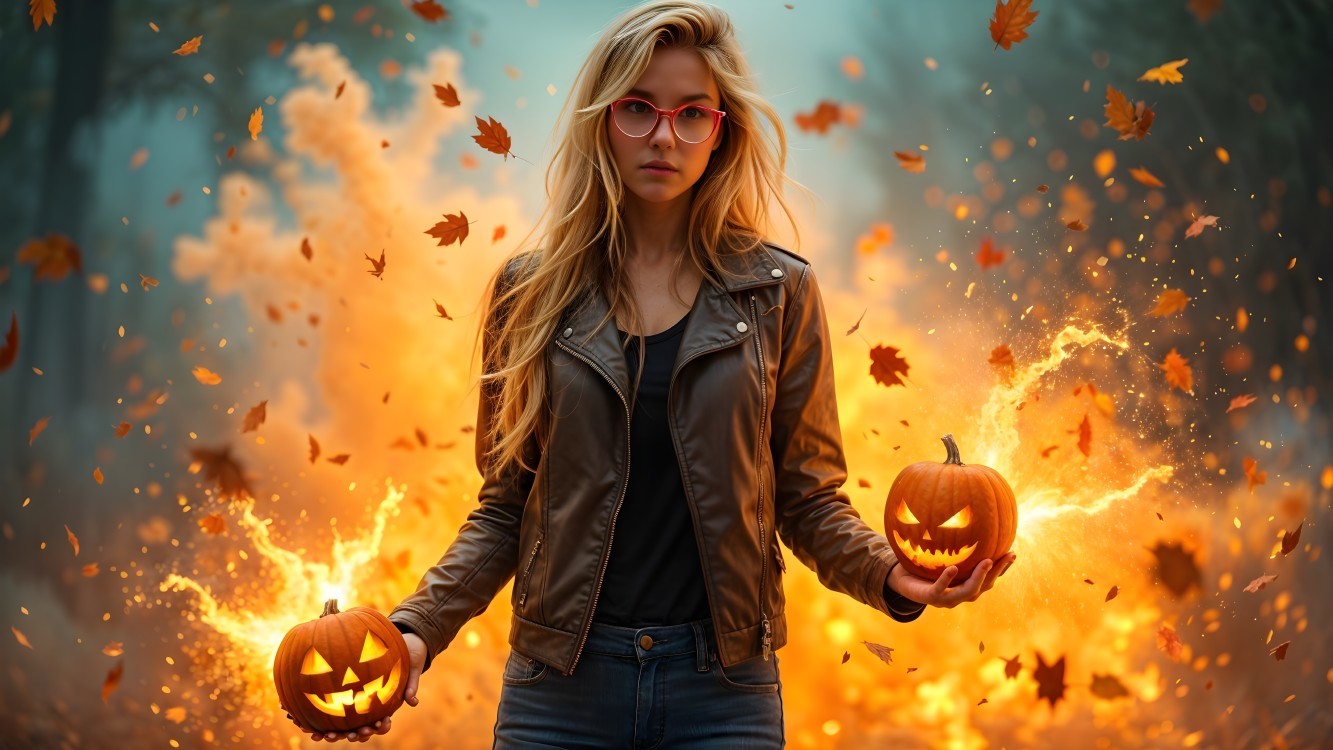 Young Woman with Jack-o'-Lanterns in Fiery Setting