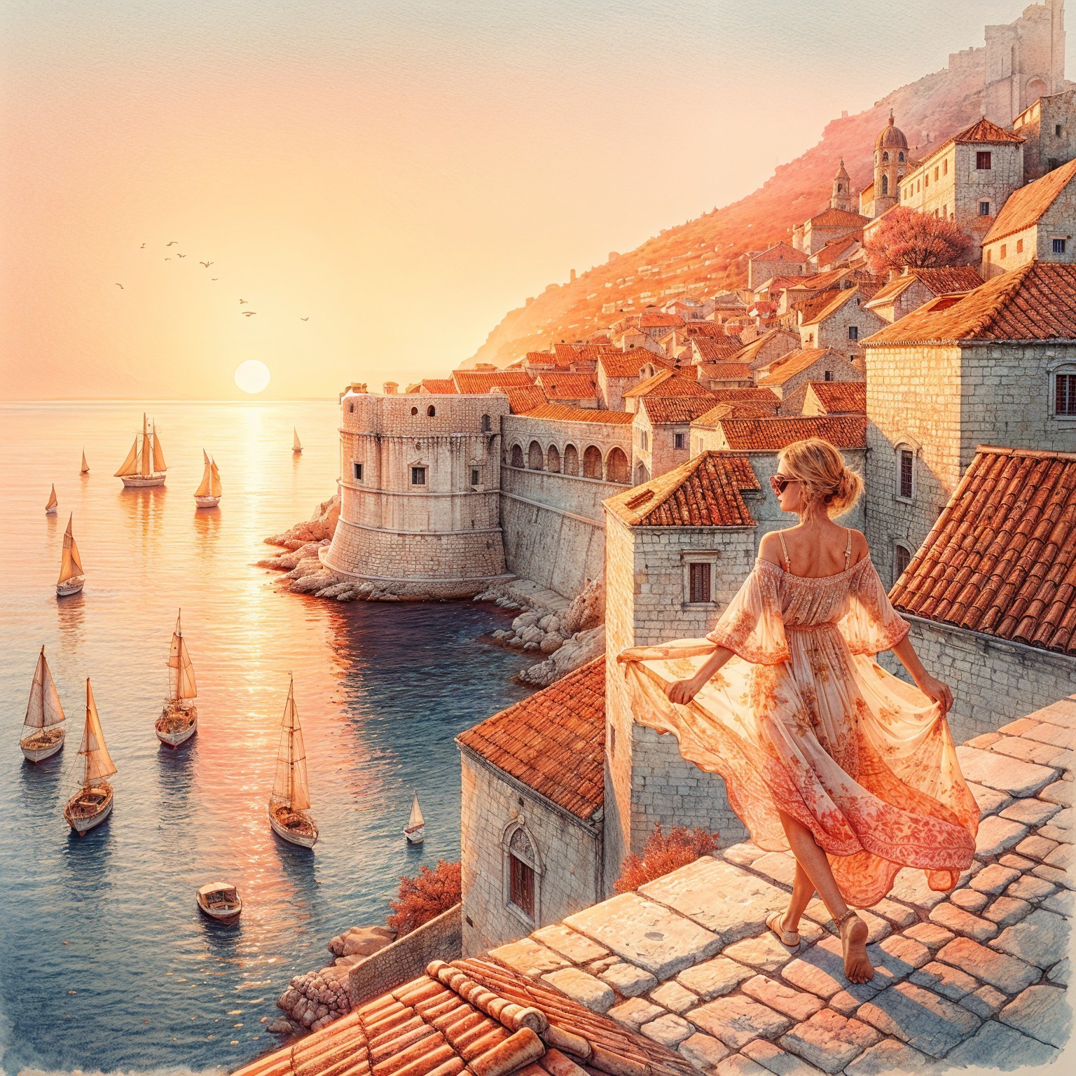 Woman in Dress Overlooking Coastal Town at Sunset