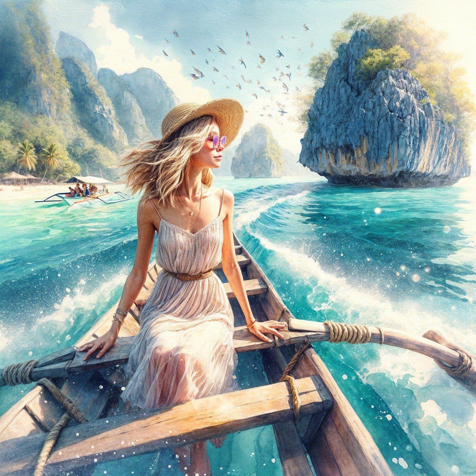 Woman in white dress on boat in turquoise waters