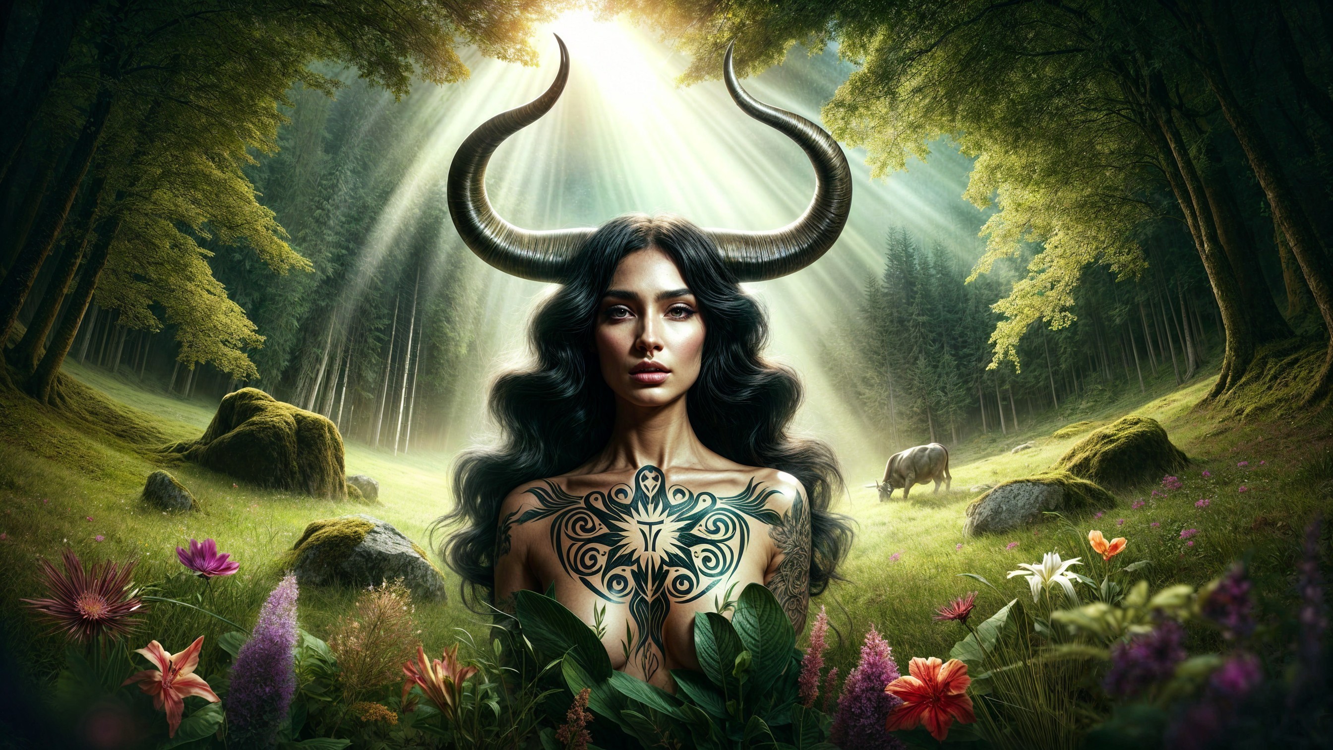 Forest Spirit with Tattoos and Majestic Horns