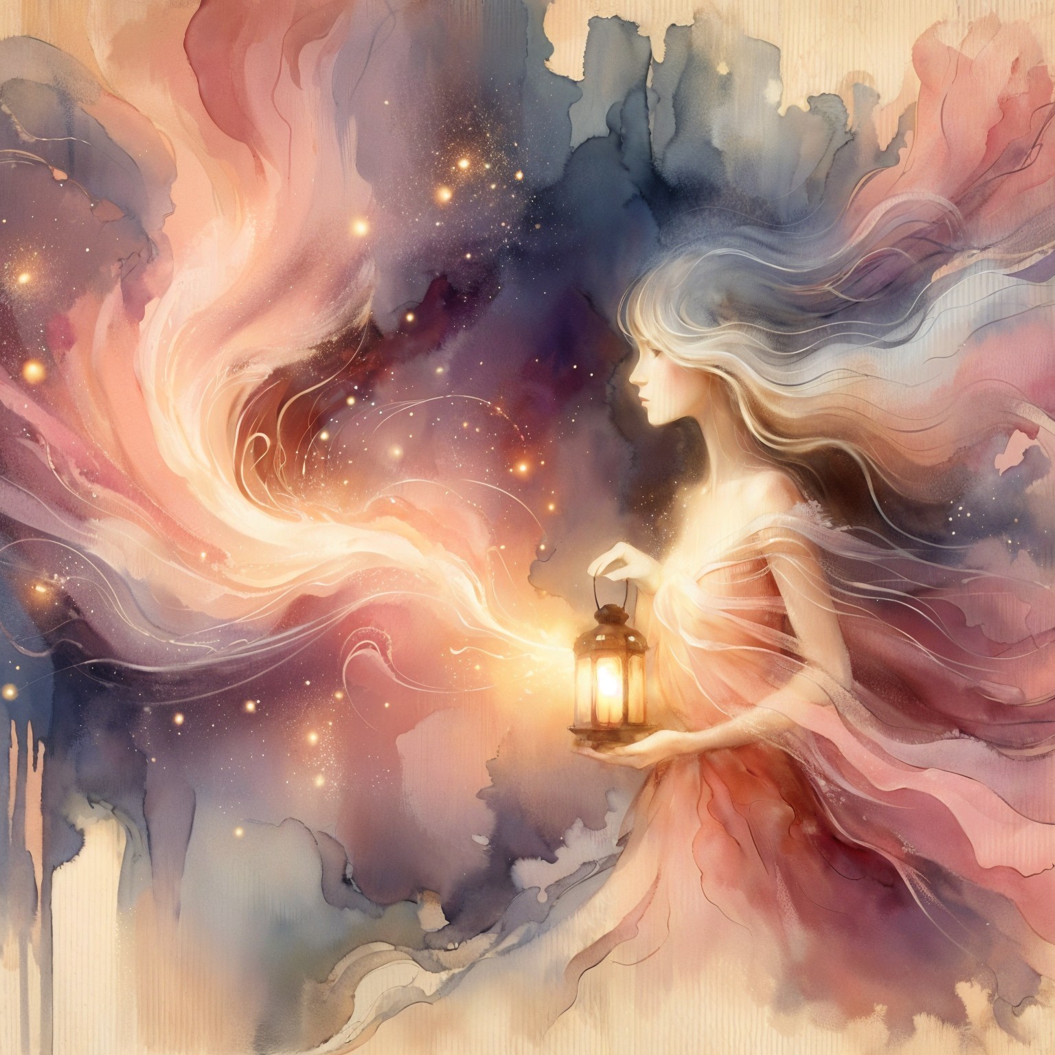 Ethereal figure in dreamlike landscape with lantern