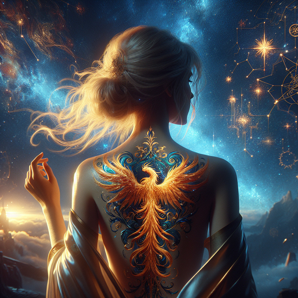 Mystical Woman with Phoenix Tattoo in Cosmic Setting