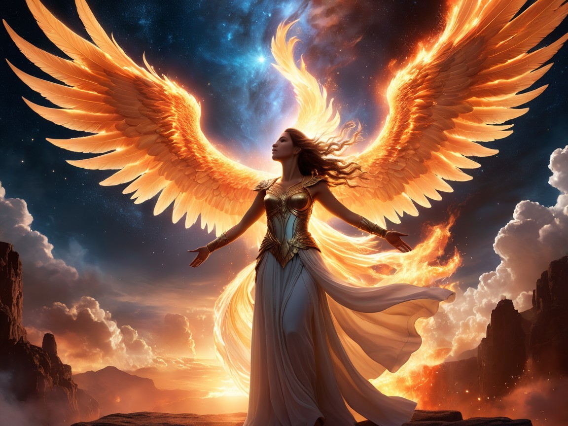Majestic figure with golden wings in cosmic flames