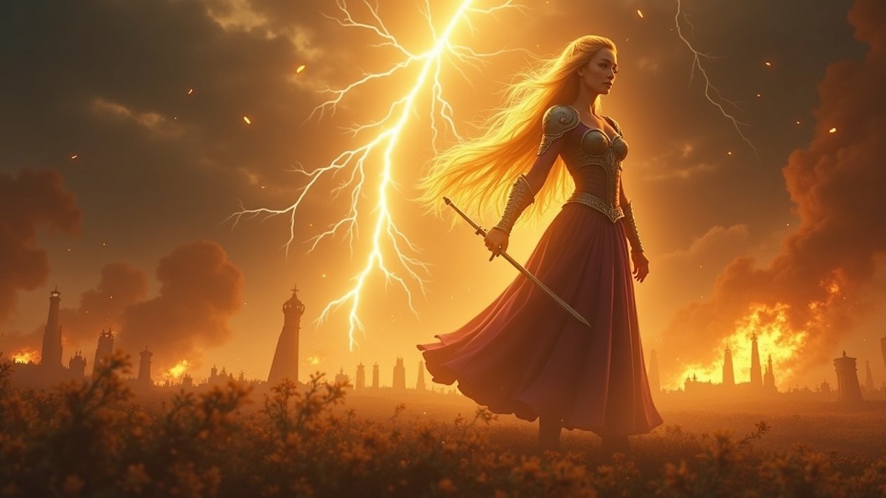 Fierce Warrior in Fiery, Chaotic Landscape