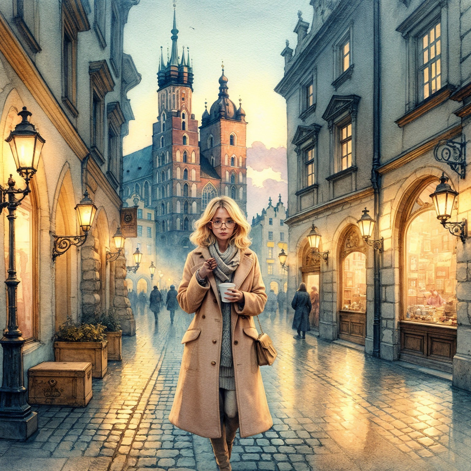 Young Woman in Beige Coat in Scenic Cityscape
