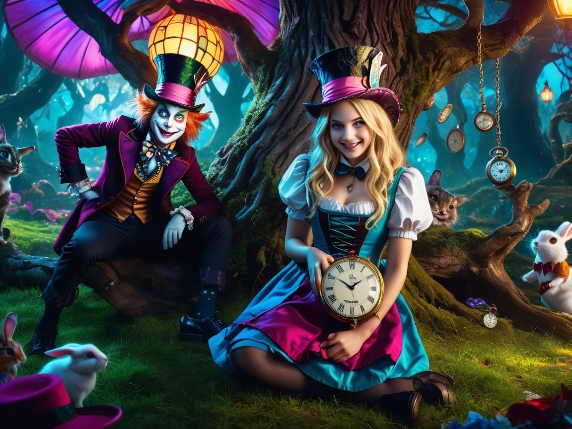 Whimsical Forest Scene with Vintage Dress and Clock