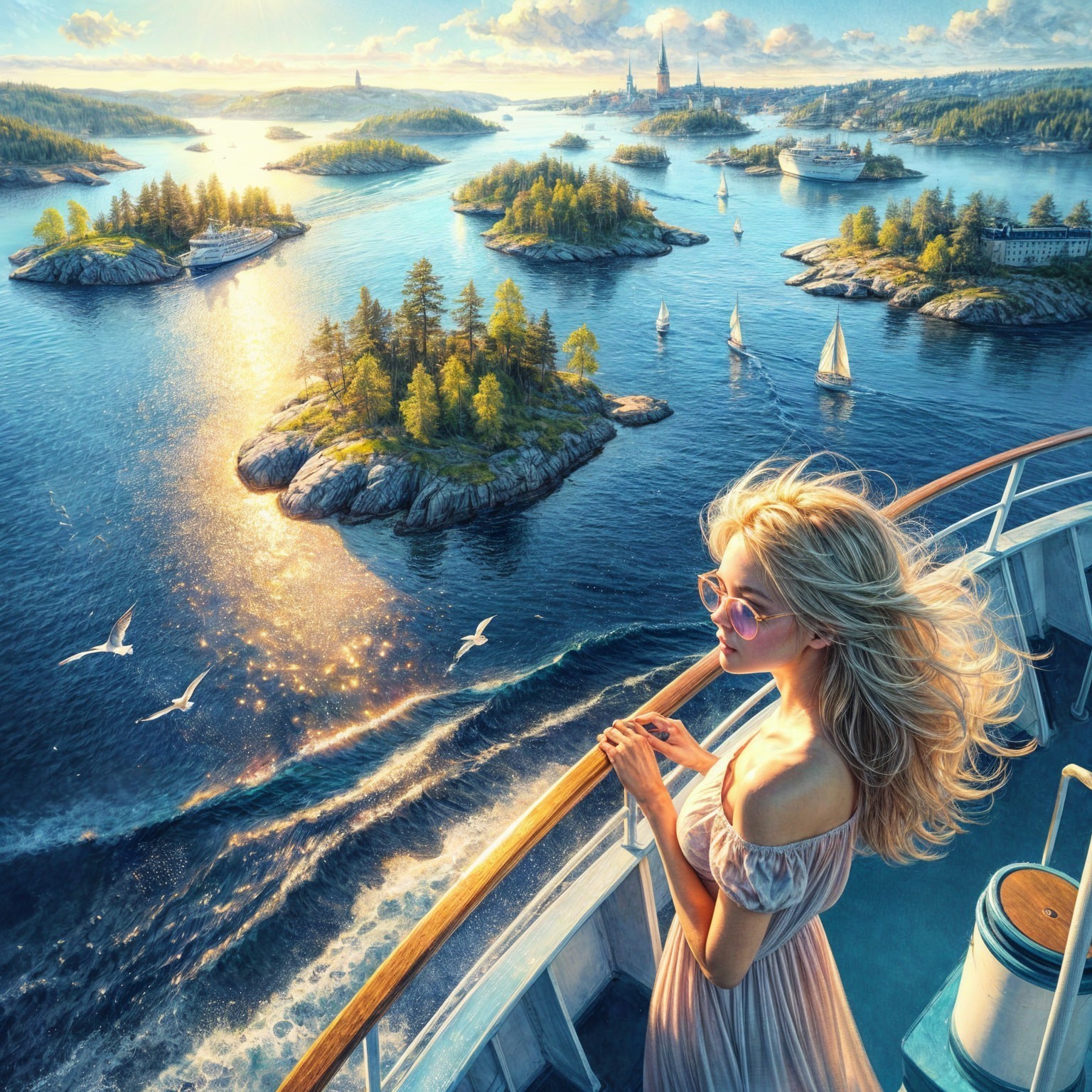 Woman on Ship Deck Overlooking Serene Seascape