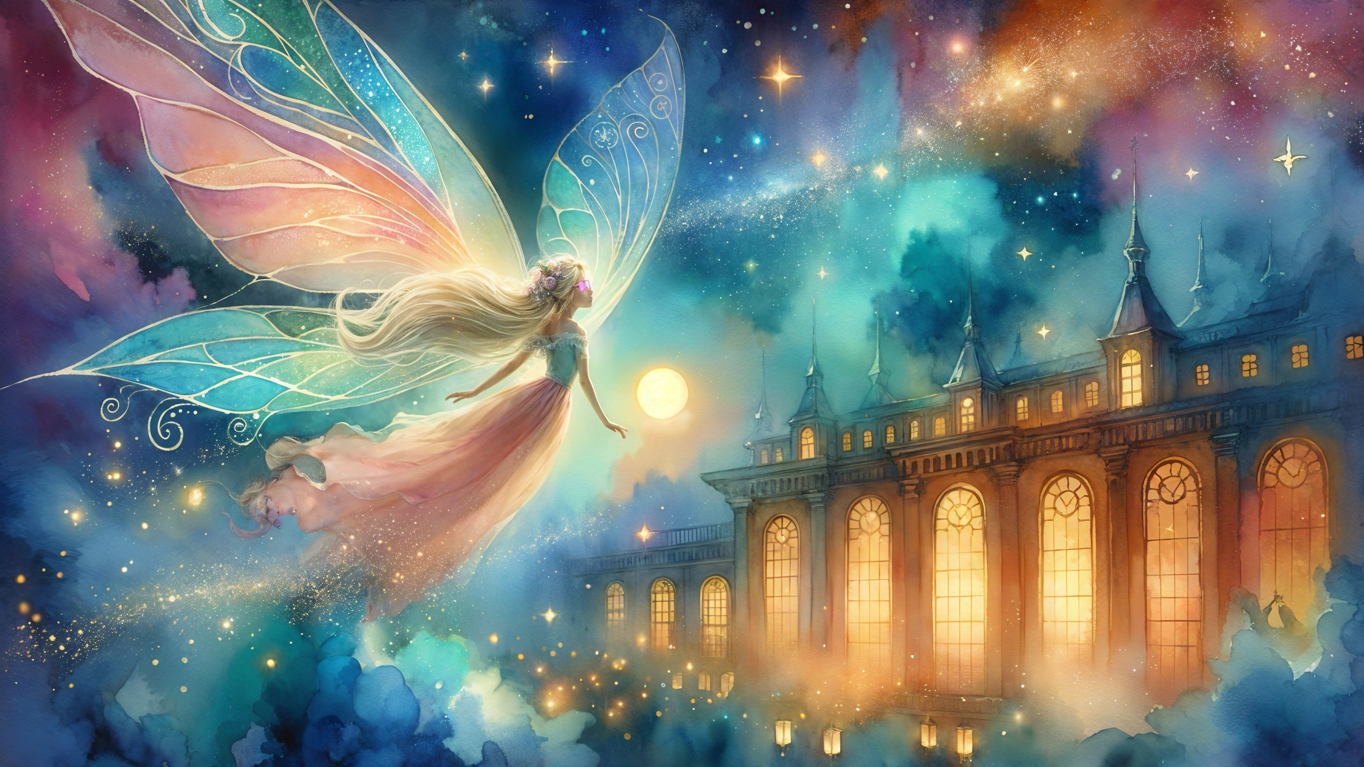 Fairy with Iridescent Wings in Starry Night Sky