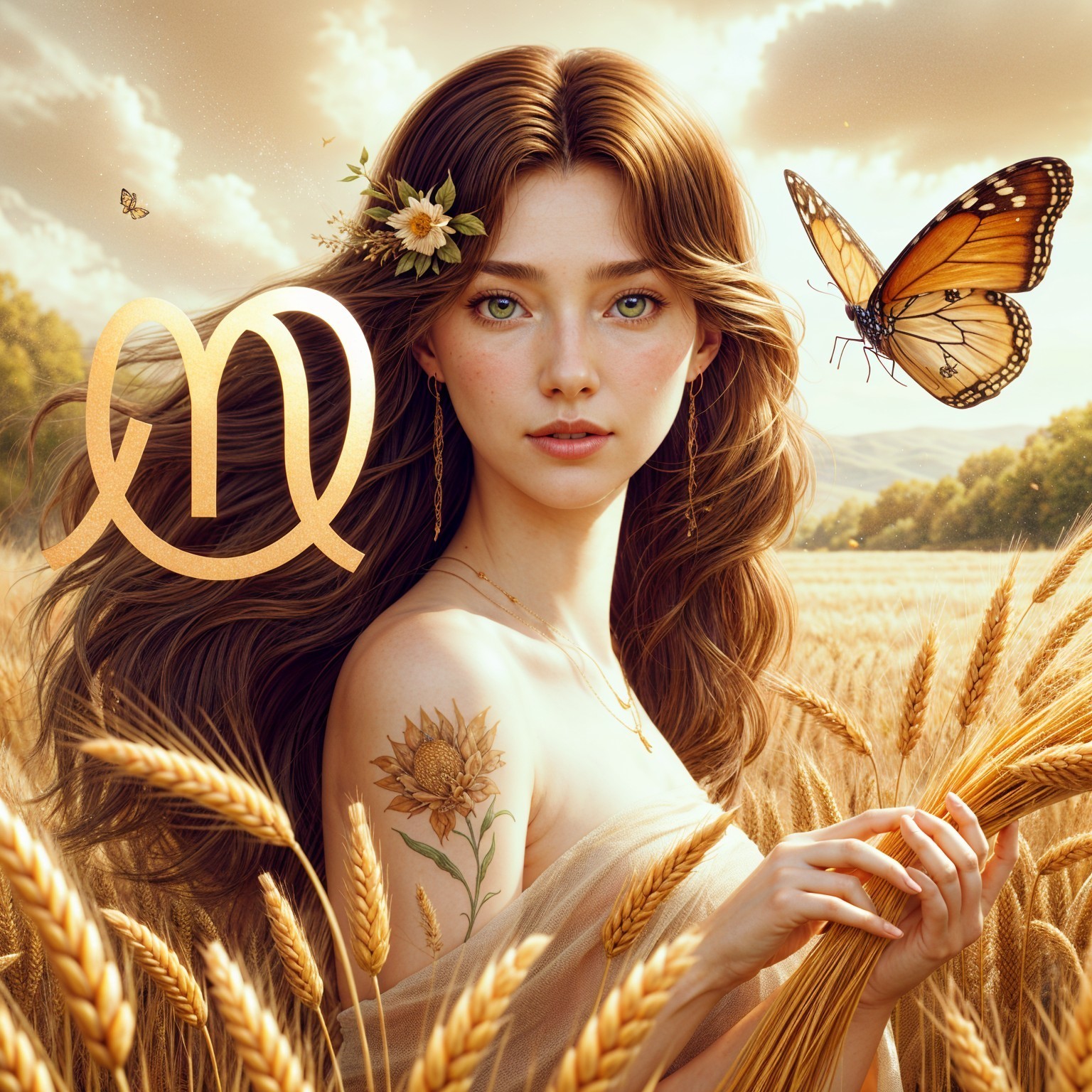 Serene Woman in Wheat Field with Floral Accents