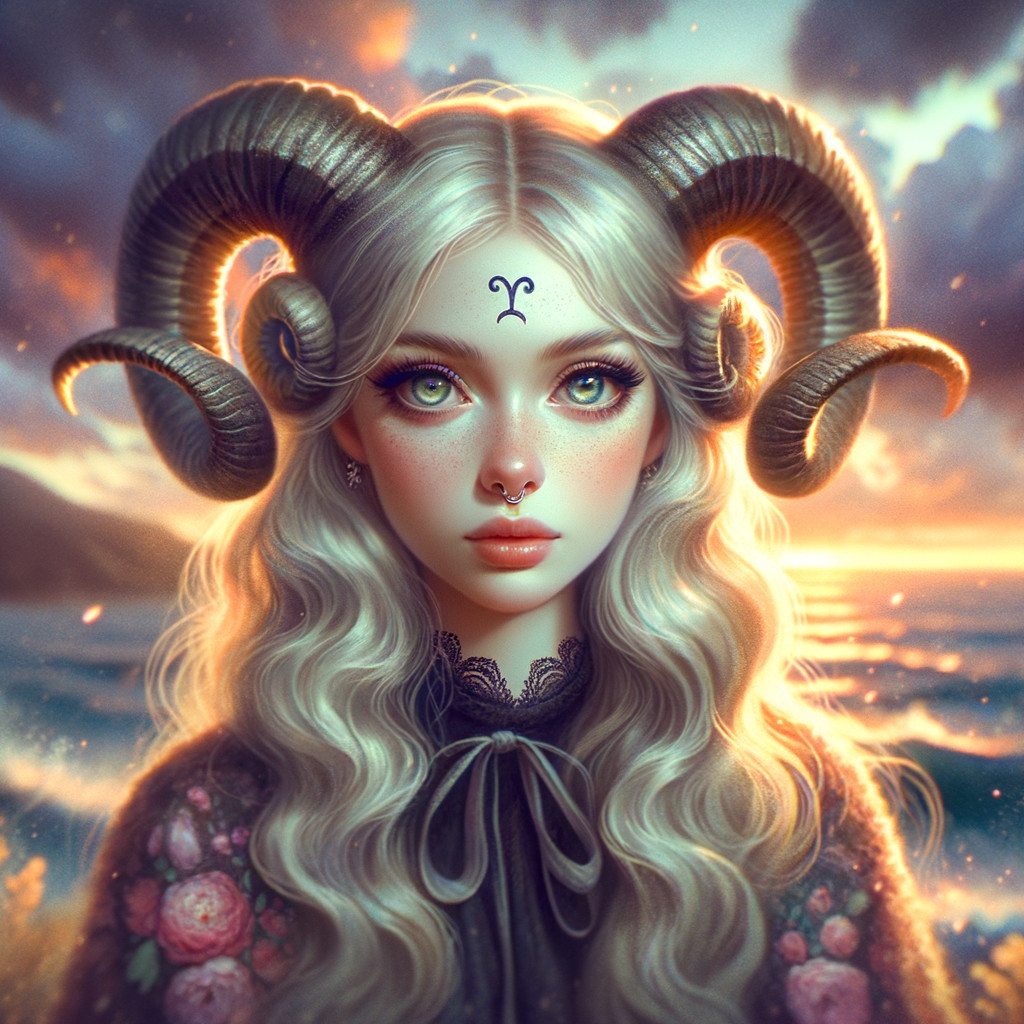 Mystical Figure with Ram Horns at Sunset by Sea