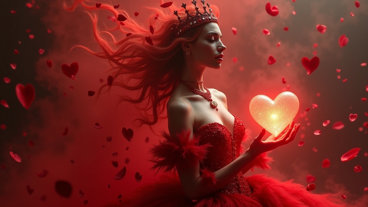 Regal woman in red gown with glowing heart and roses