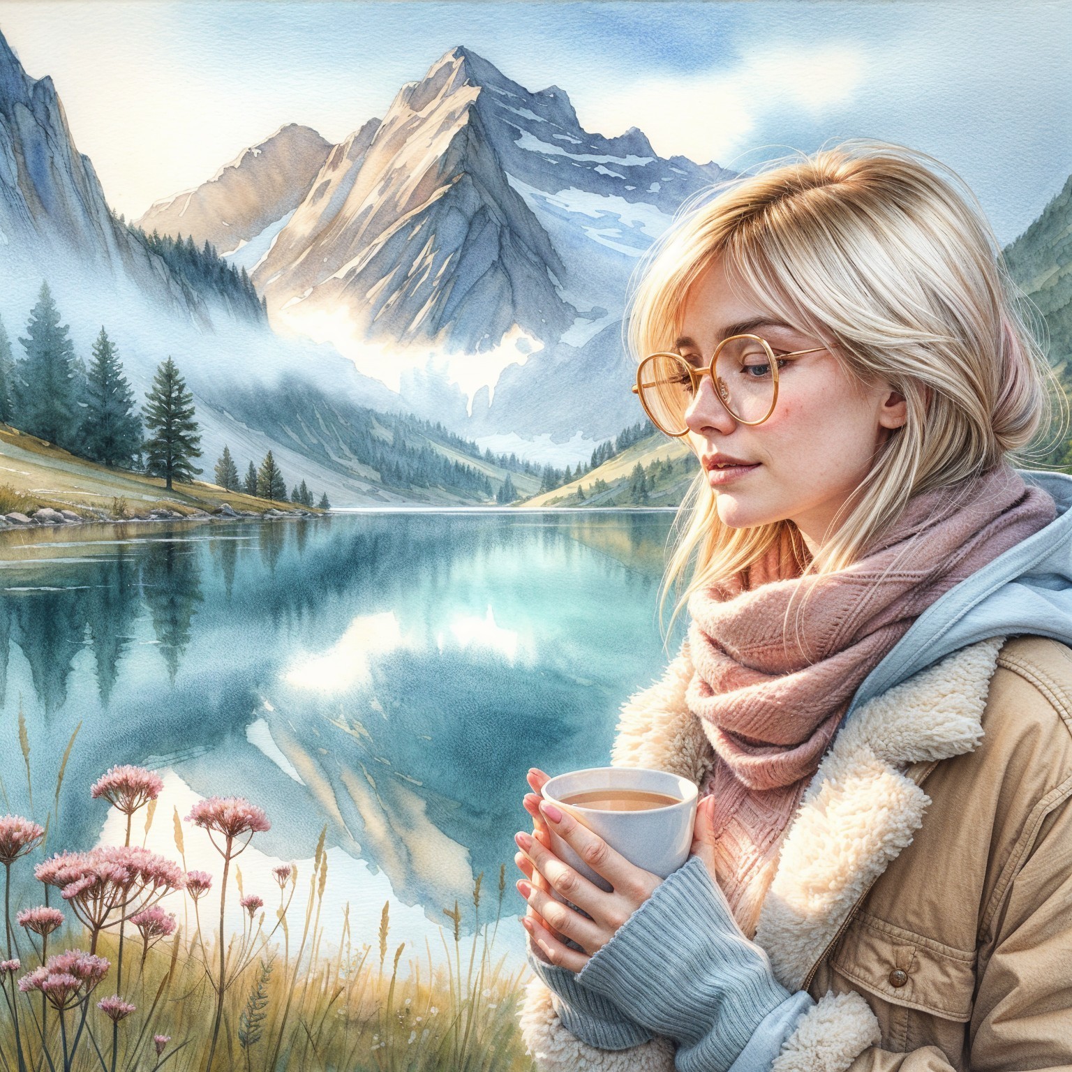 Serene Landscape with Woman by a Tranquil Lake
