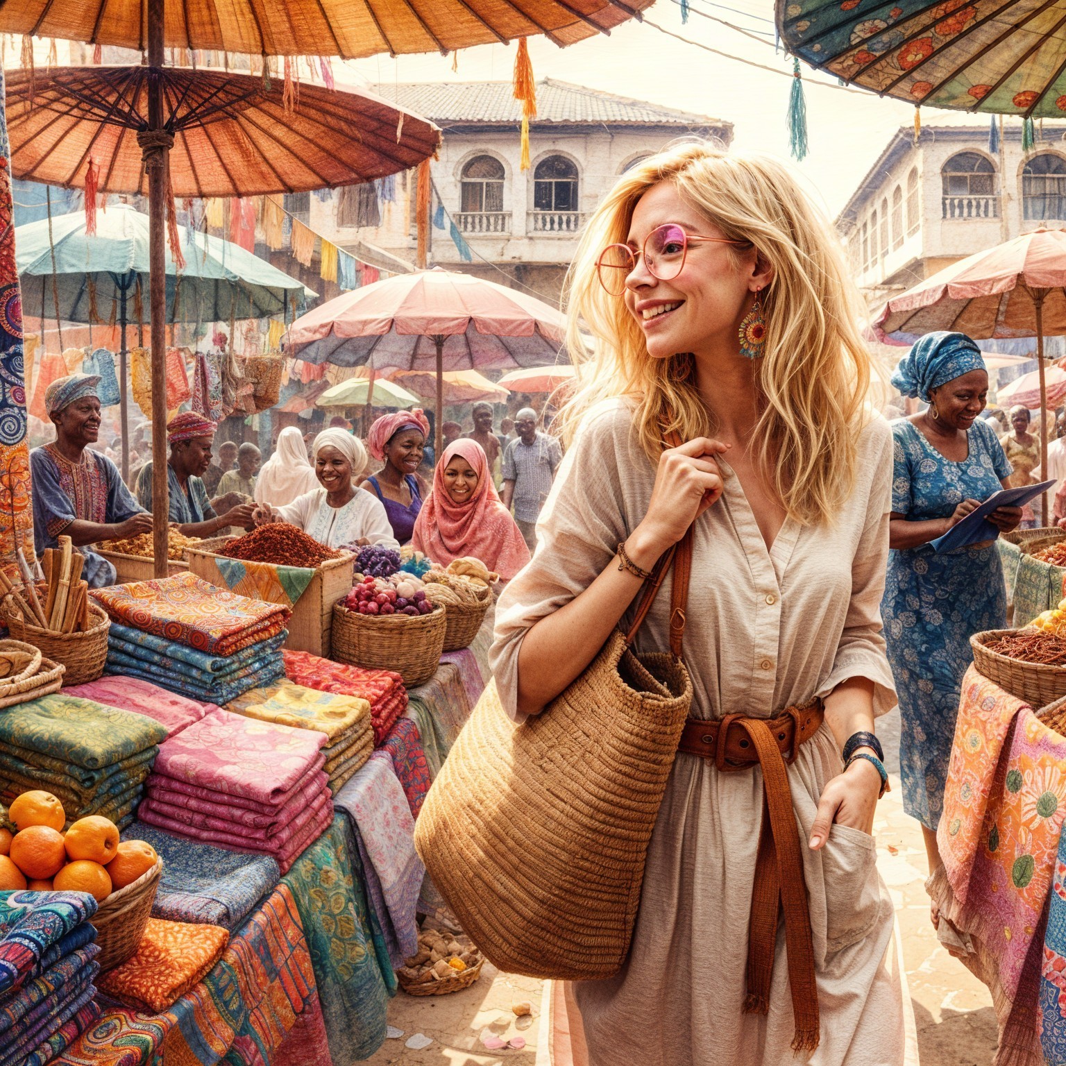 Vibrant Market Scene with Textiles and Fruits