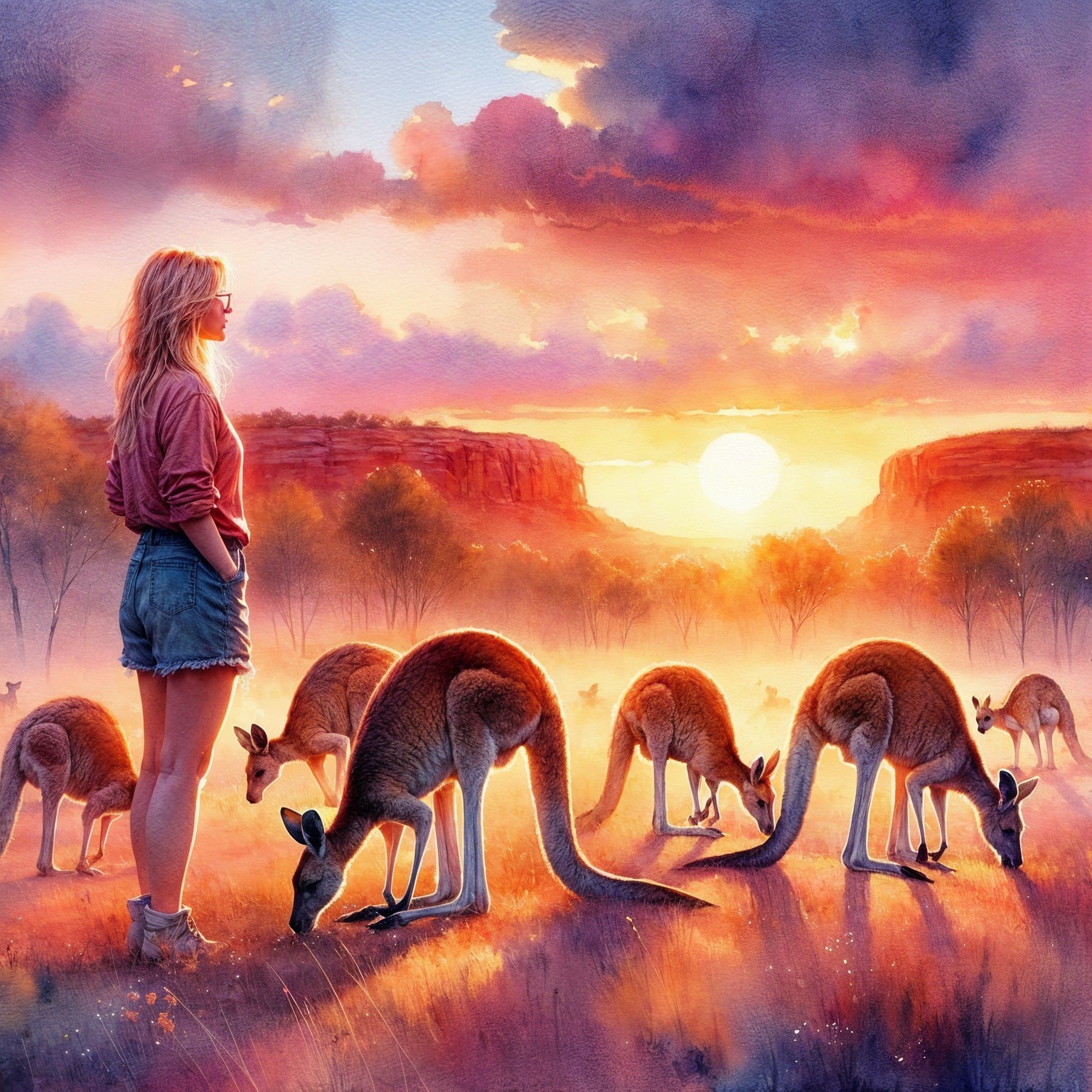Woman with Kangaroos at Sunset in Vibrant Landscape
