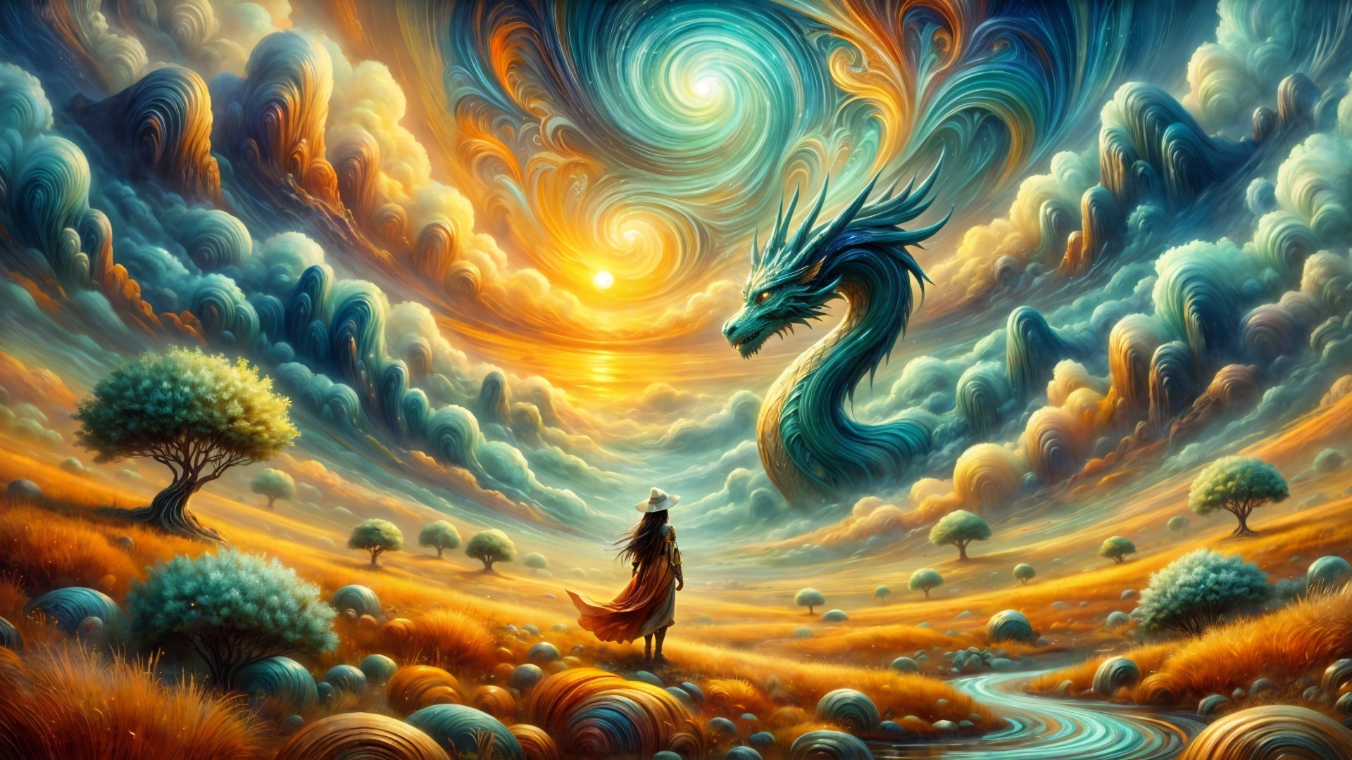 Vibrant Landscape with Cloaked Figure and Dragon