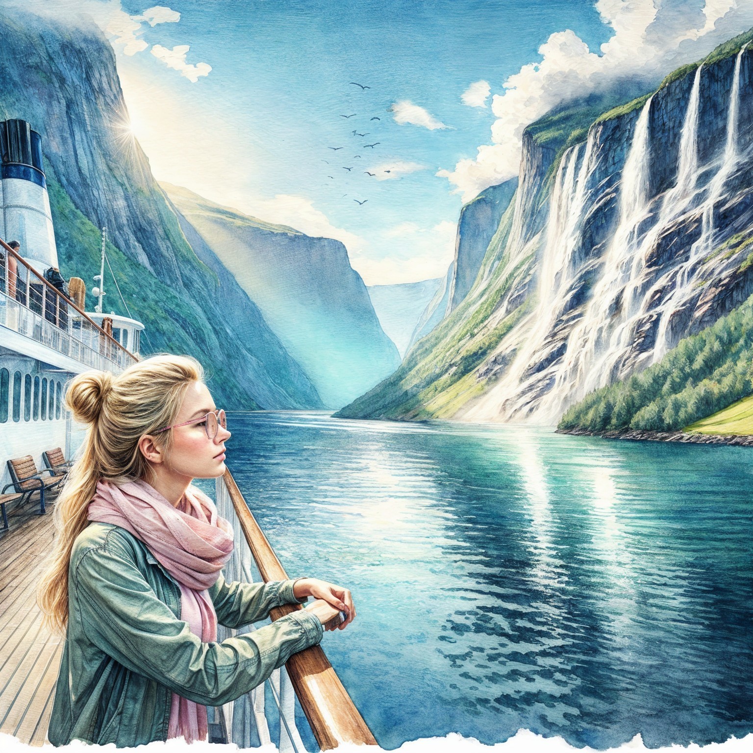 Young Woman on Boat in Scenic Fjord Landscape