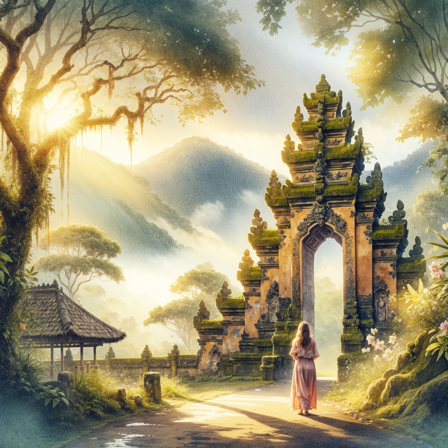 Ancient Balinese Temple Gate Surrounded by Nature