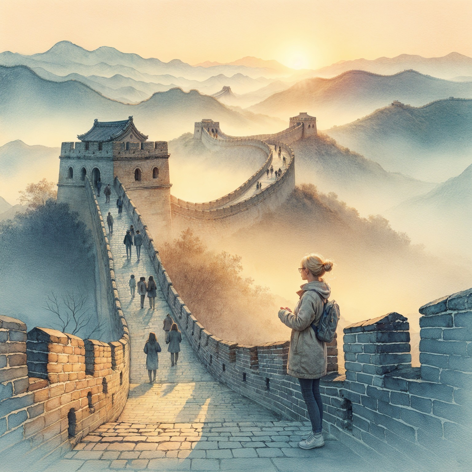 Great Wall of China at Sunrise with Tourists and Mist
