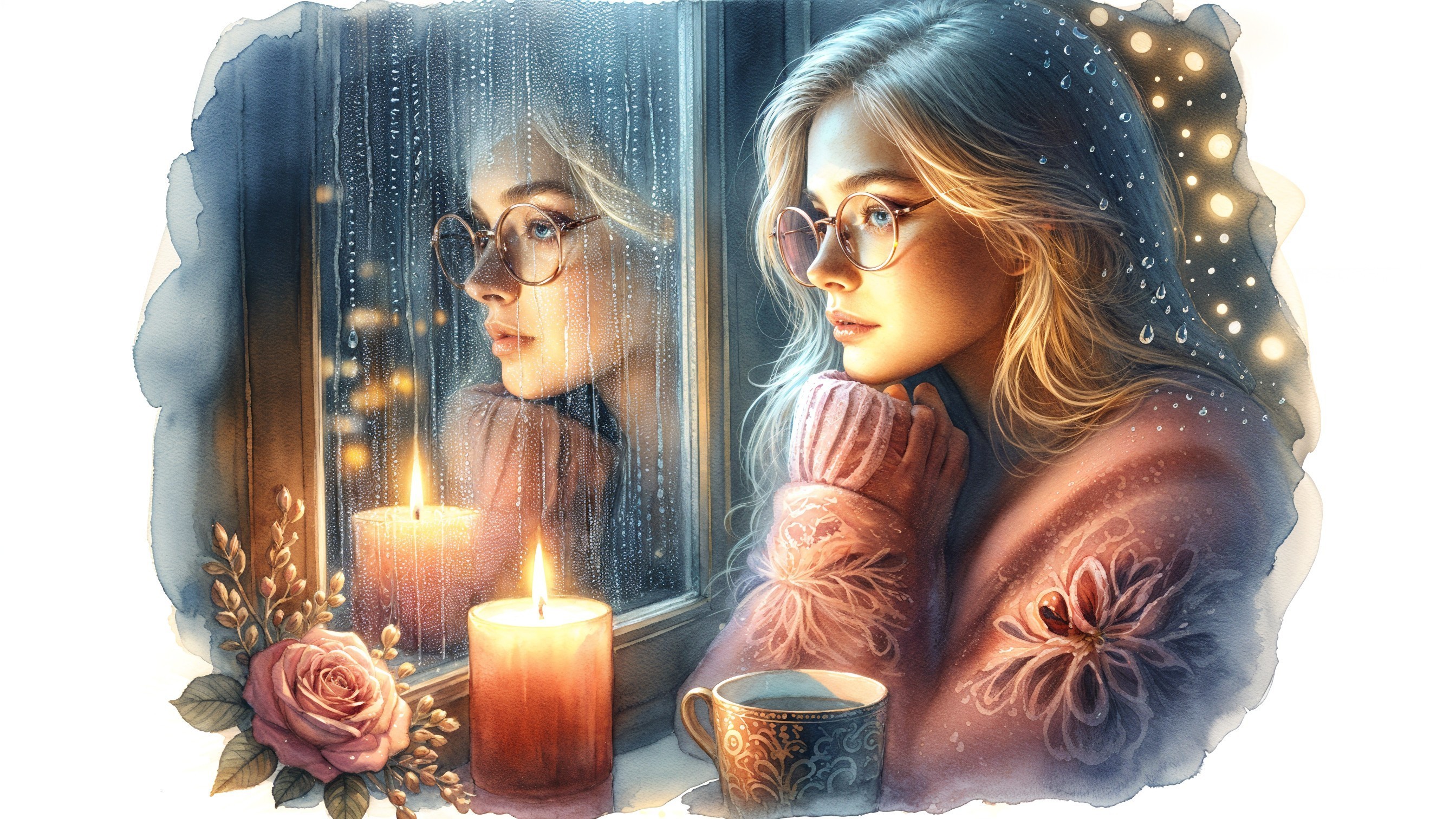Young Woman in Sweater by Rainy Window with Candlelight