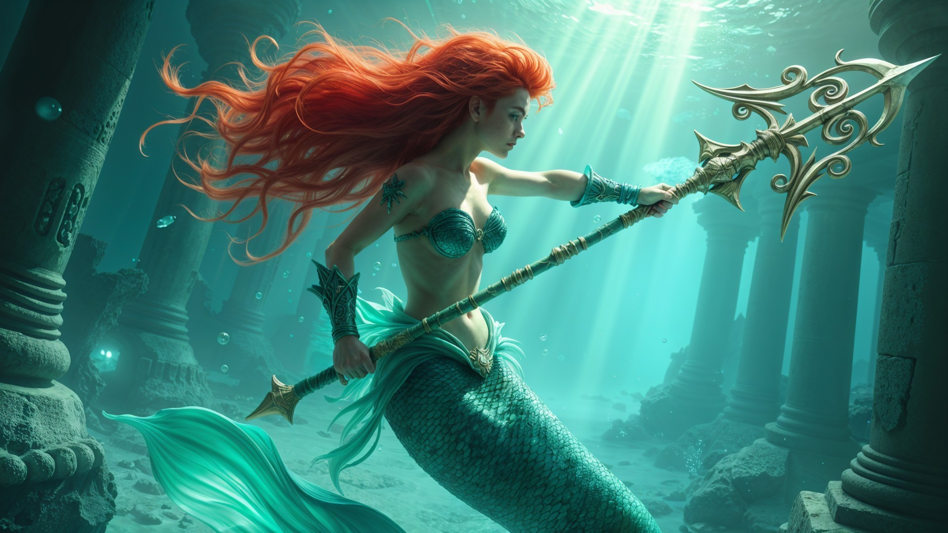 Underwater Scene with Mermaid and Ancient Columns