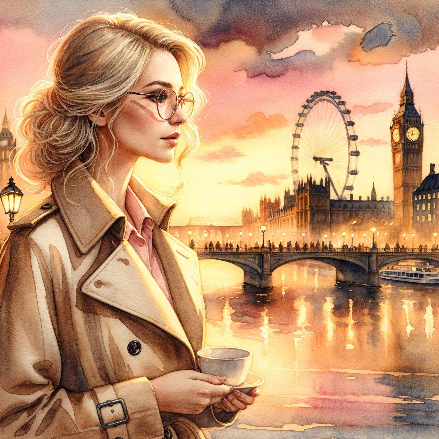 Stylish Woman by River at Sunset with London Skyline