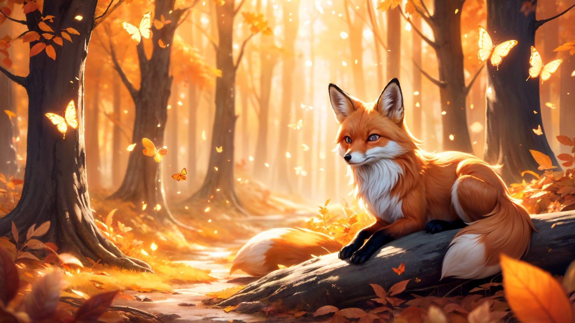 Autumn Forest Scene with Red Fox and Butterflies