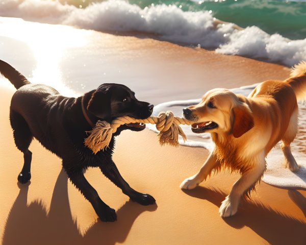 Dogs Tugging on Rope Toy at Sandy Beach
