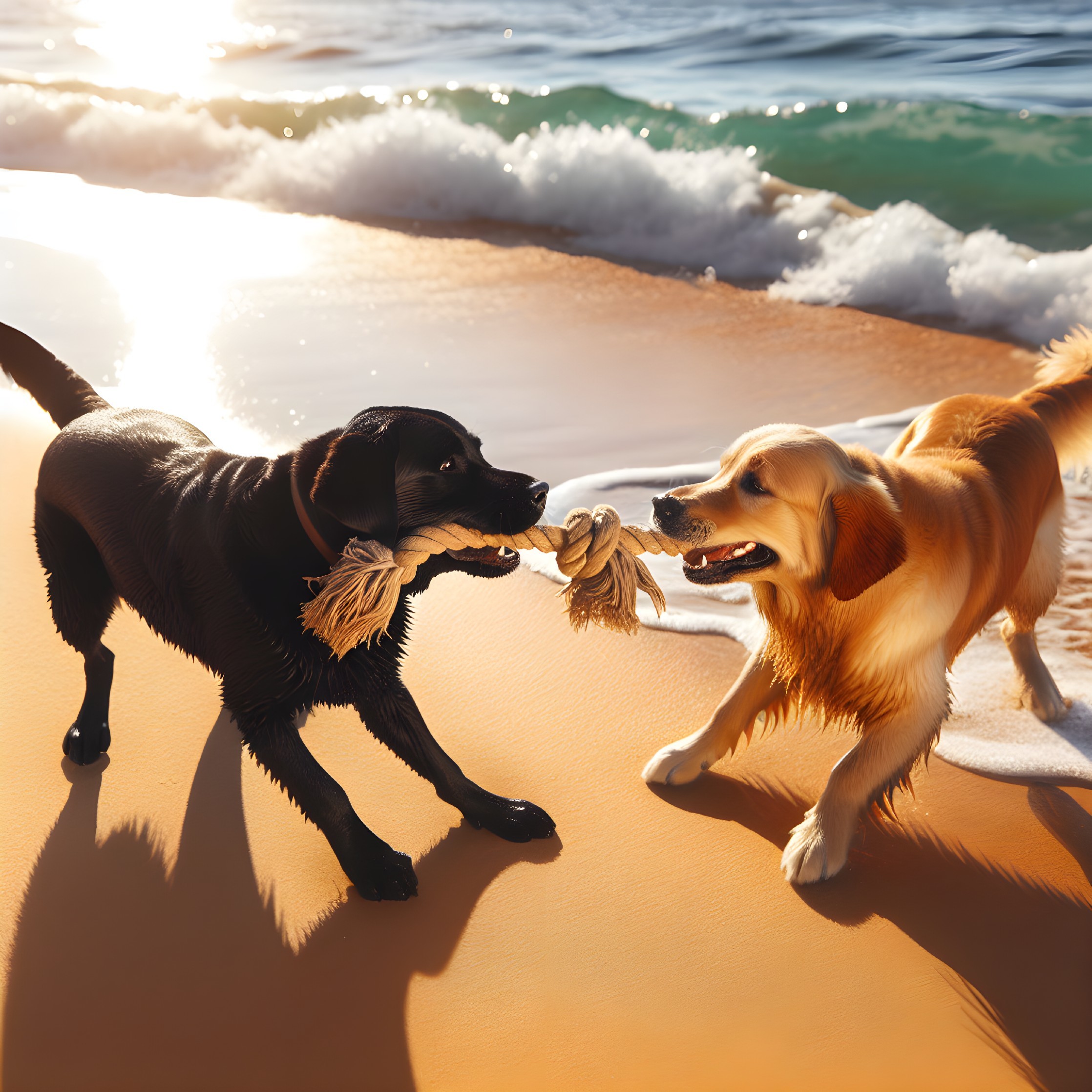 Dogs Tugging on Rope Toy at Sandy Beach