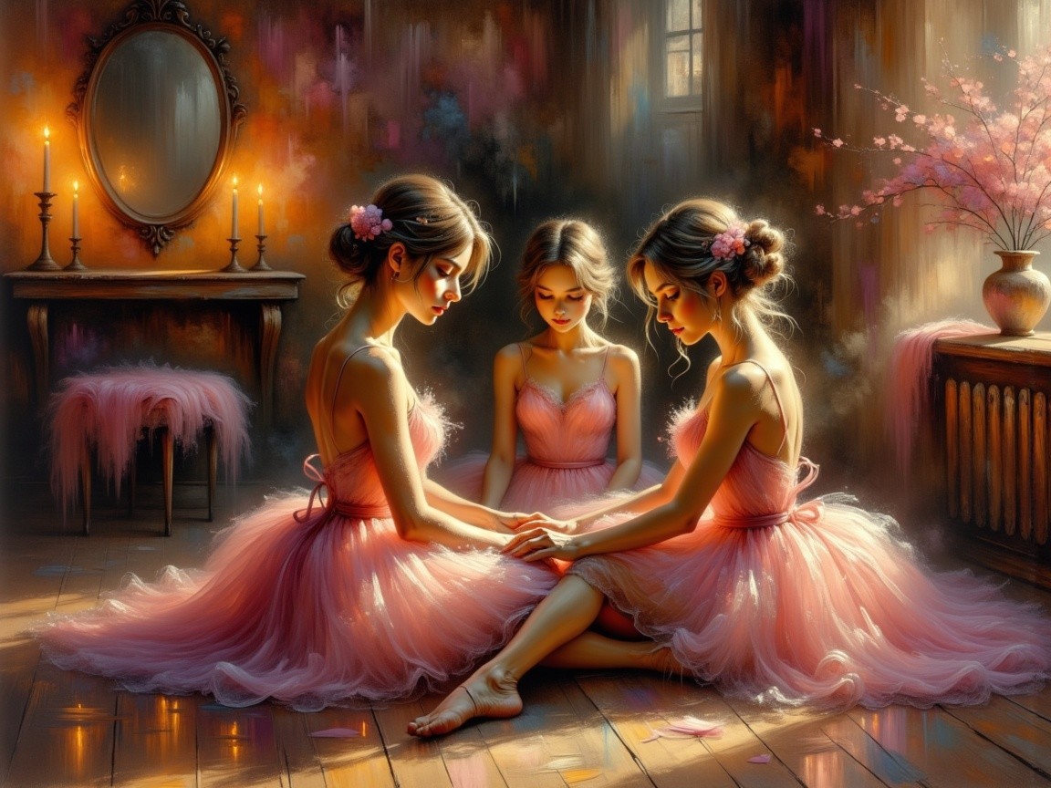 Ballerinas in Pink Tutus in a Candlelit Room