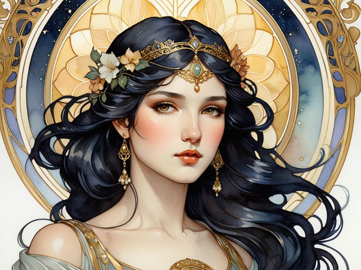 Portrait of a woman with black hair and floral crown