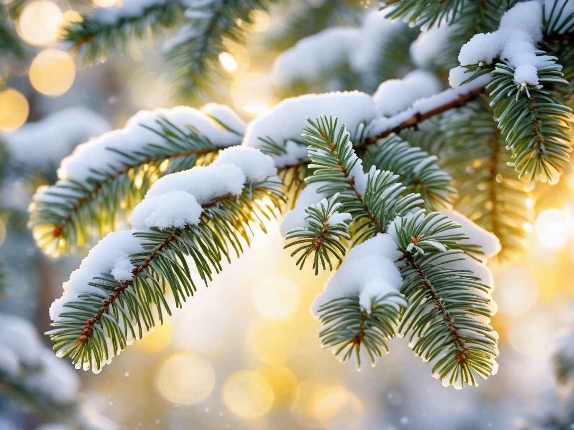 Evergreen Branches with Snow and Warm Background Lights