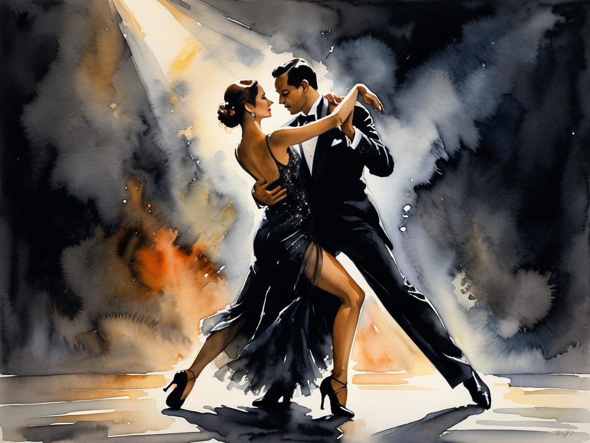 Watercolor Painting of a Couple Dancing the Tango