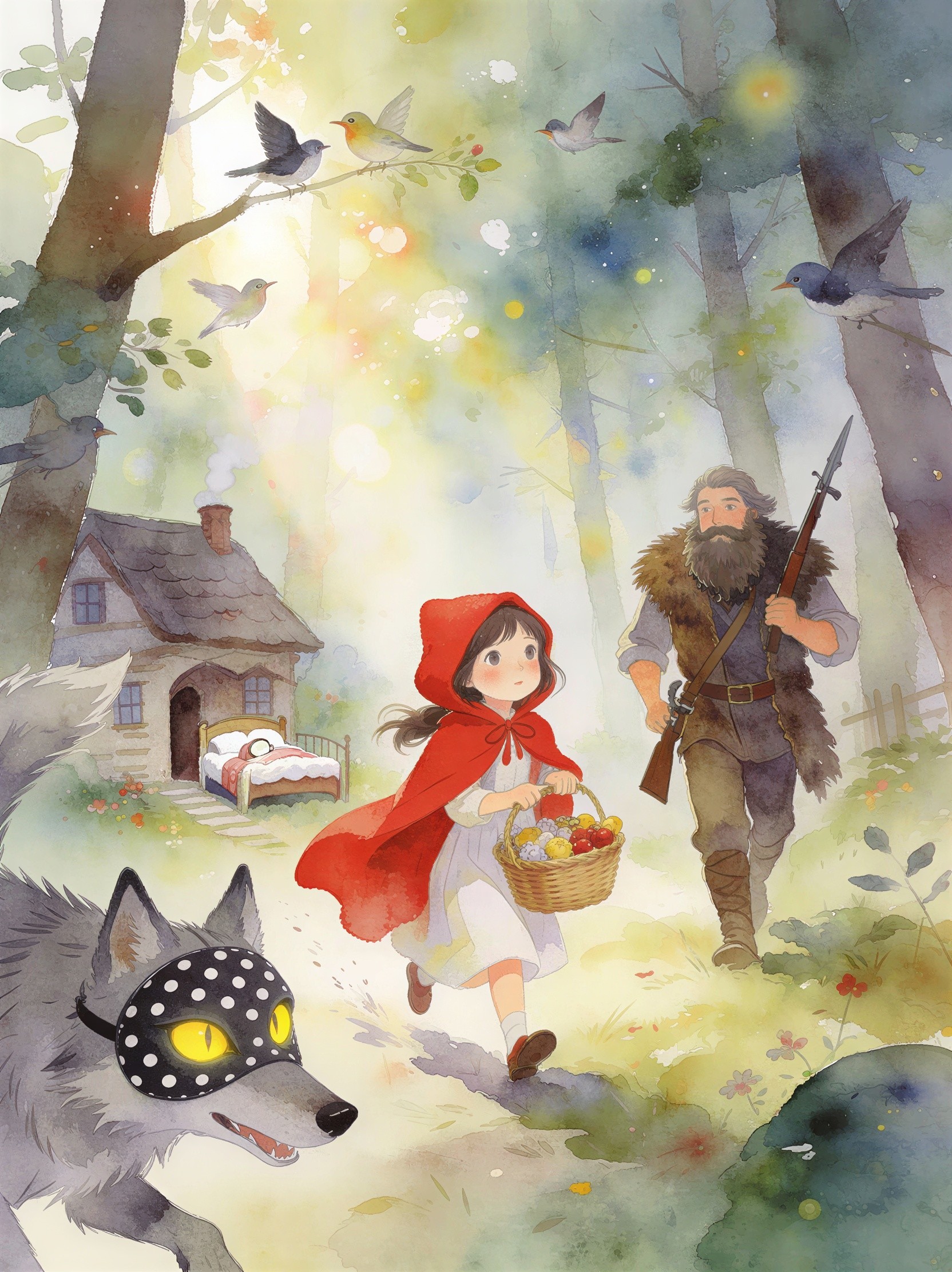 Watercolor Painting of Girl in Cloak in Forest Scene