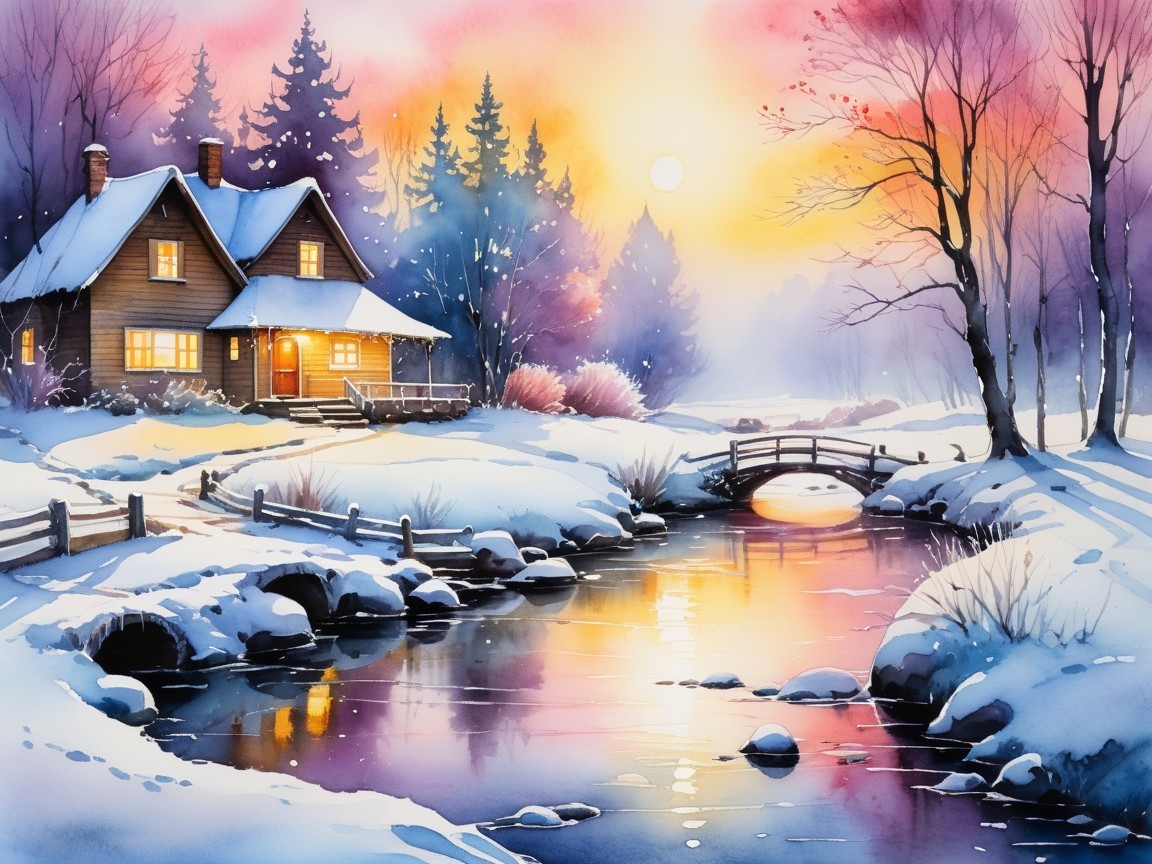 Cozy Wooden House in Serene Winter Landscape