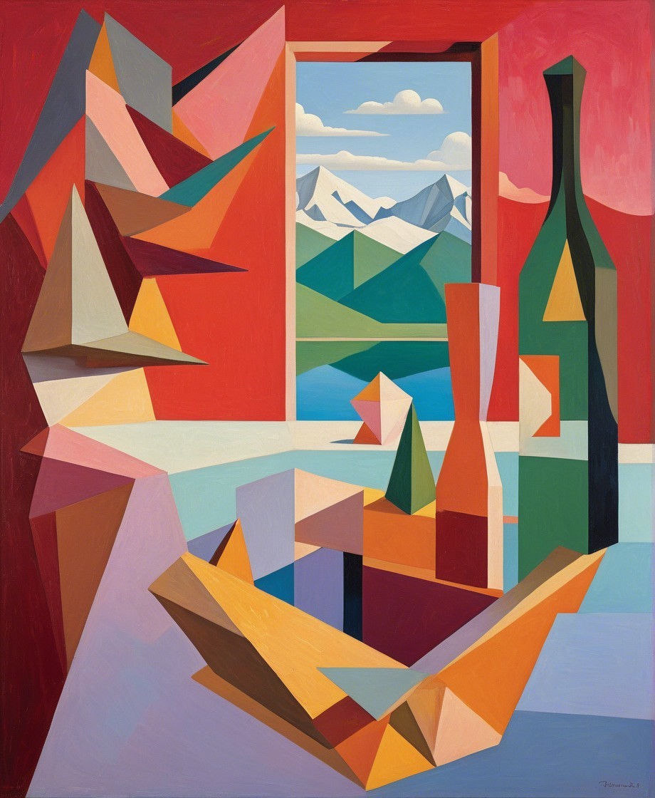 Vibrant Artwork with Geometric Shapes and Landscape